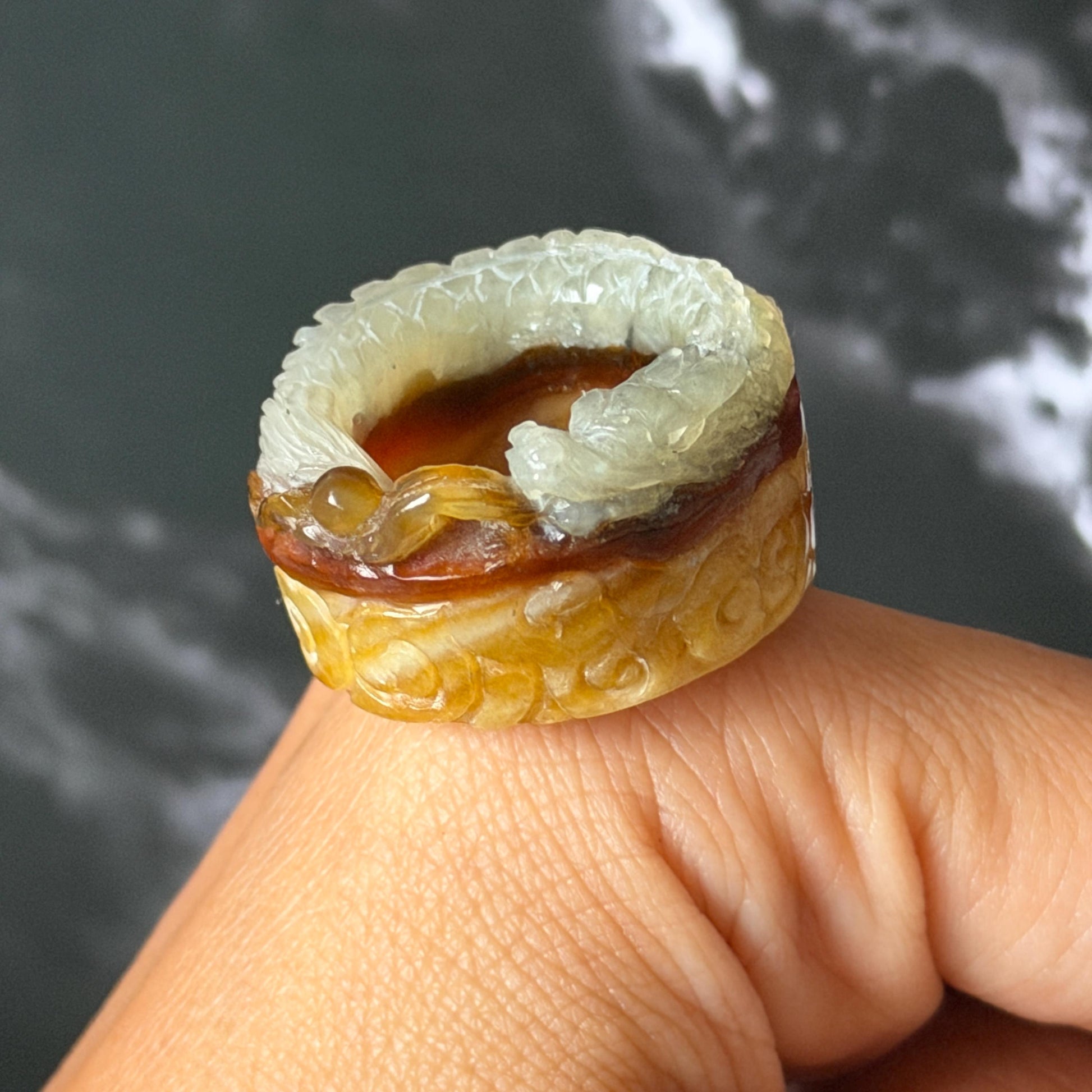 Xiu Jade Serpentine Hand Carved Spraying Fire Dragon Ring 17.3mm (US 6.5-6.75) : Natural Tri-colour Brown Yellow White Jade Statement ring  Band Ring gift for her white jade carving yellow jade brown jade tri colour jade dragon carving hand engraved statement ring hand carved flower natural untreated jade handcrafted jade ring hallow out style 3D carving Stone carving Gemstone Carving dragon Lover gift jade cocktail ring jade band ring thumb ring pendant