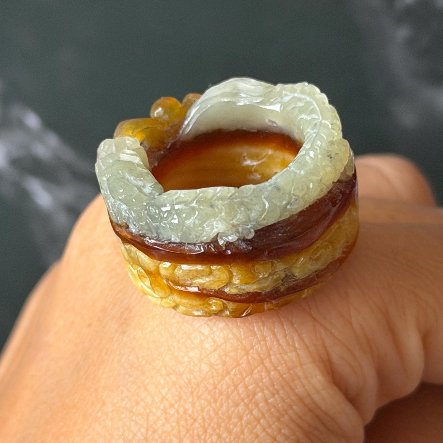 Xiu Jade Serpentine Hand Carved Spraying Fire Dragon Ring 17.3mm (US 6.5-6.75) : Natural Tri-colour Brown Yellow White Jade Statement ring  Band Ring gift for her white jade carving yellow jade brown jade tri colour jade dragon carving hand engraved statement ring hand carved flower natural untreated jade handcrafted jade ring hallow out style 3D carving Stone carving Gemstone Carving dragon Lover gift jade cocktail ring jade band ring thumb ring pendant