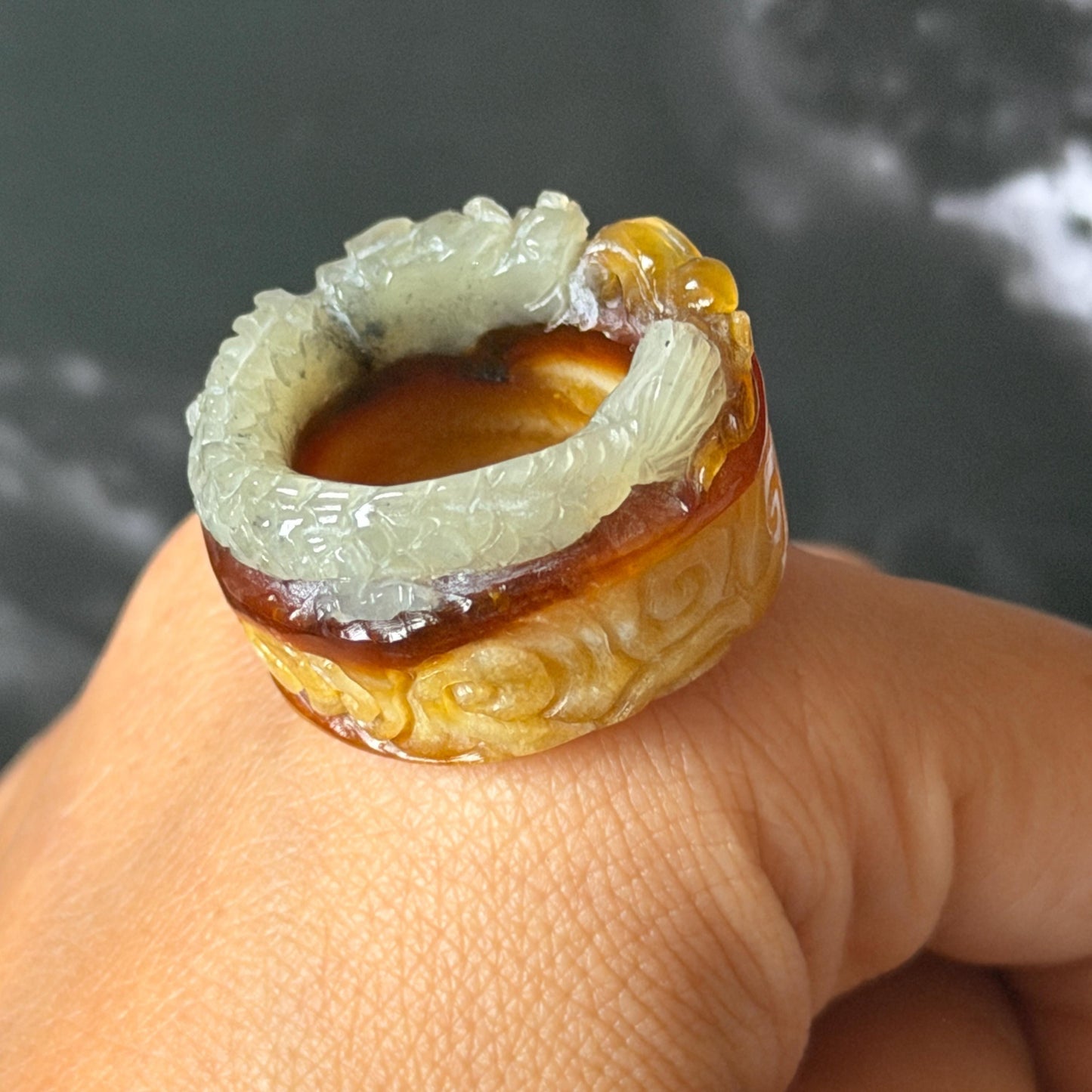 Xiu Jade Serpentine Hand Carved Spraying Fire Dragon Ring 17.3mm (US 6.5-6.75) : Natural Tri-colour Brown Yellow White Jade Statement ring  Band Ring gift for her white jade carving yellow jade brown jade tri colour jade dragon carving hand engraved statement ring hand carved flower natural untreated jade handcrafted jade ring hallow out style 3D carving Stone carving Gemstone Carving dragon Lover gift jade cocktail ring jade band ring thumb ring pendant