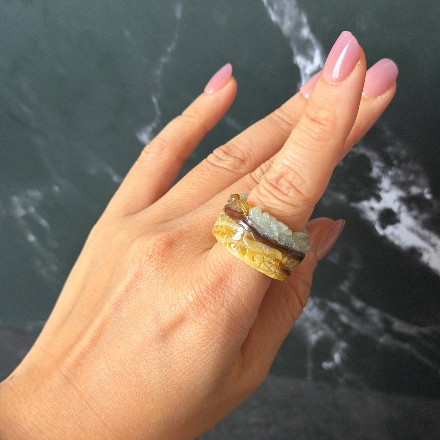 Xiu Jade Serpentine Hand Carved Spraying Fire Dragon Ring 17.3mm (US 6.5-6.75) : Natural Tri-colour Brown Yellow White Jade Statement ring  Band Ring gift for her white jade carving yellow jade brown jade tri colour jade dragon carving hand engraved statement ring hand carved flower natural untreated jade handcrafted jade ring hallow out style 3D carving Stone carving Gemstone Carving dragon Lover gift jade cocktail ring jade band ring thumb ring pendant