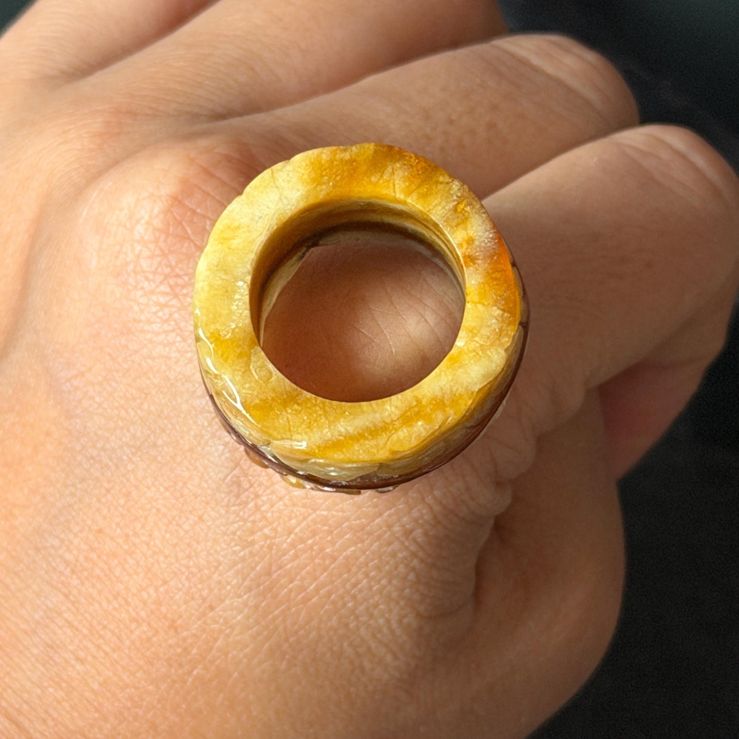 Xiu Jade Serpentine Hand Carved Spraying Fire Dragon Ring 17.3mm (US 6.5-6.75) : Natural Tri-colour Brown Yellow White Jade Statement ring  Band Ring gift for her white jade carving yellow jade brown jade tri colour jade dragon carving hand engraved statement ring hand carved flower natural untreated jade handcrafted jade ring hallow out style 3D carving Stone carving Gemstone Carving dragon Lover gift jade cocktail ring jade band ring thumb ring pendant