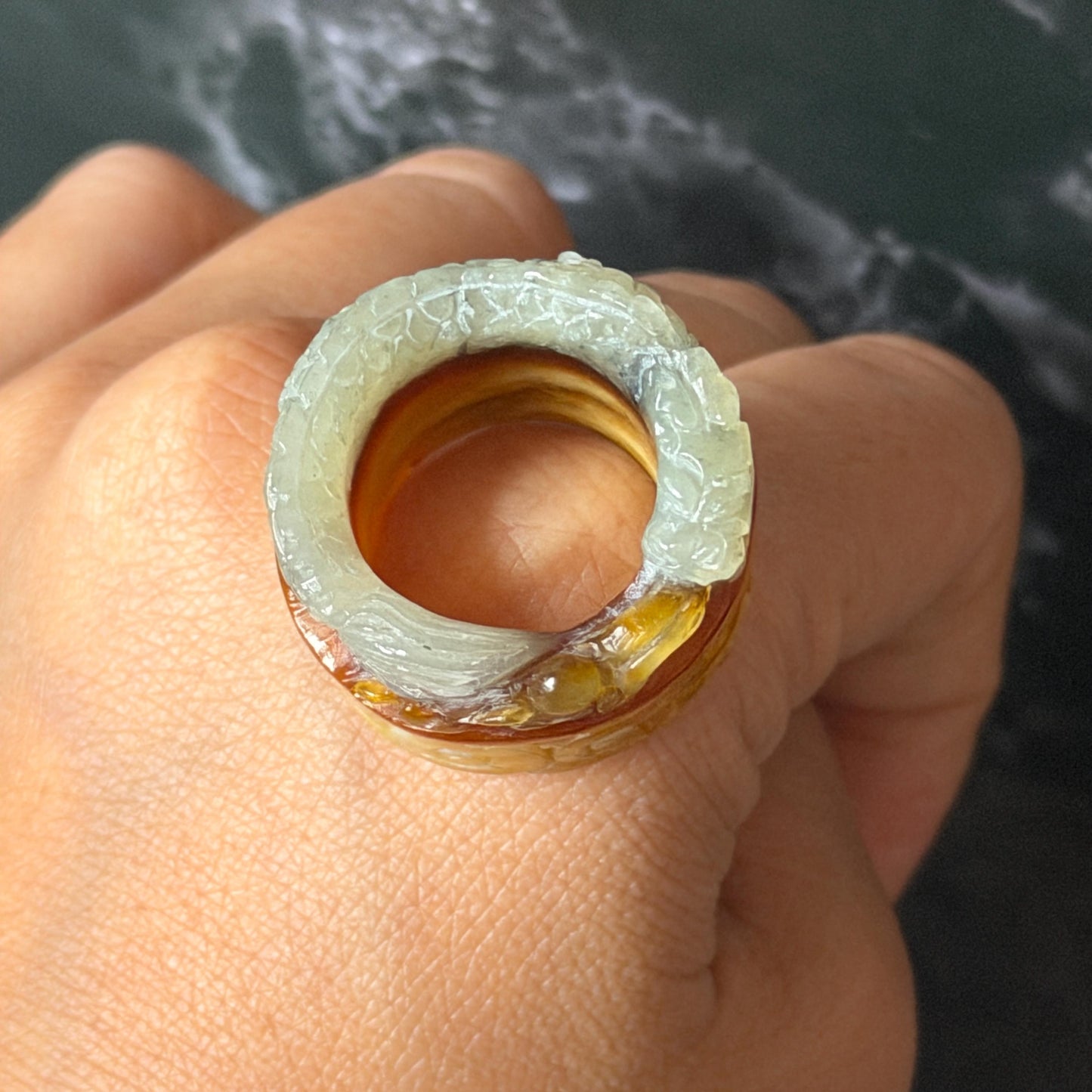 Xiu Jade Serpentine Hand Carved Spraying Fire Dragon Ring 17.3mm (US 6.5-6.75) : Natural Tri-colour Brown Yellow White Jade Statement ring  Band Ring gift for her white jade carving yellow jade brown jade tri colour jade dragon carving hand engraved statement ring hand carved flower natural untreated jade handcrafted jade ring hallow out style 3D carving Stone carving Gemstone Carving dragon Lover gift jade cocktail ring jade band ring thumb ring pendant