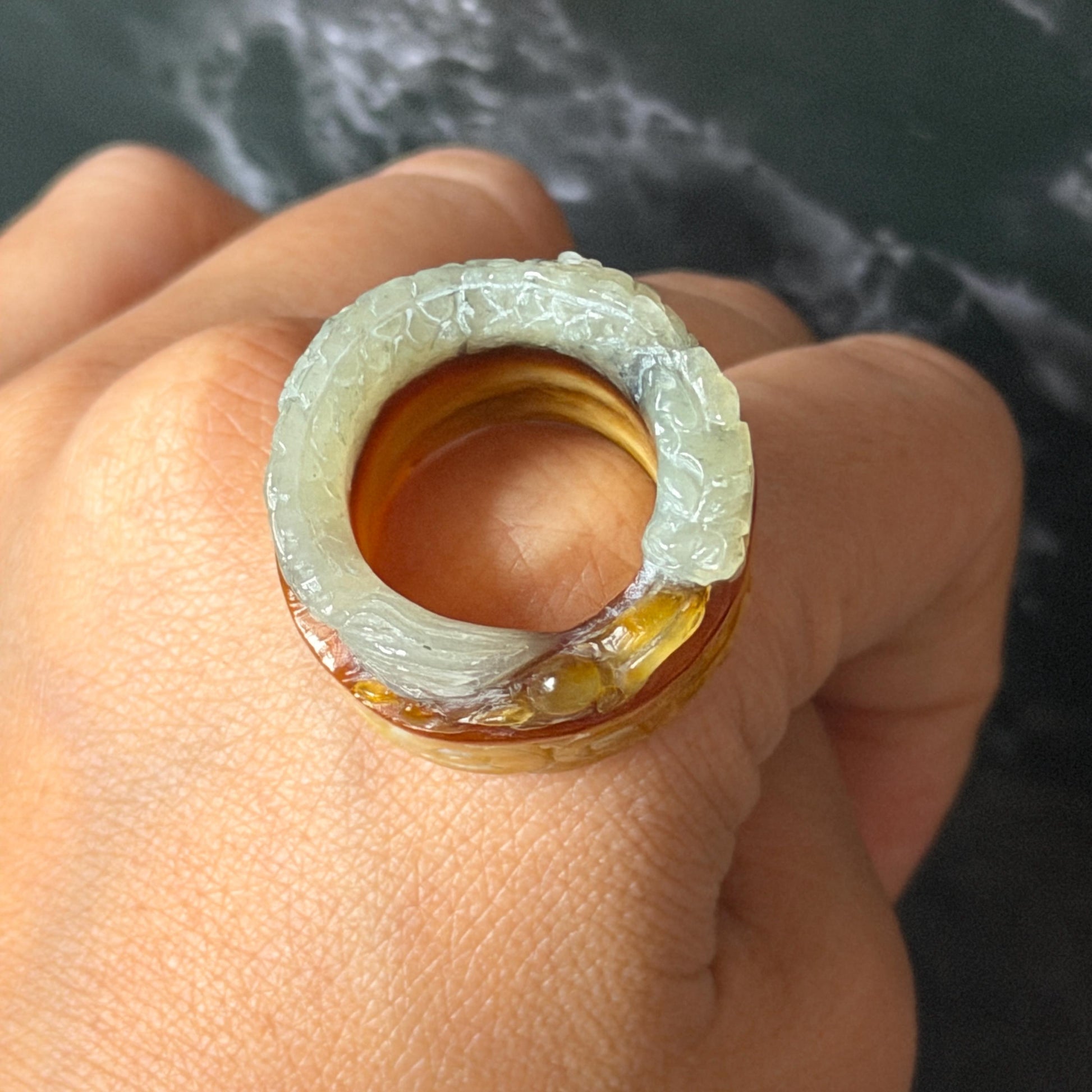 Xiu Jade Serpentine Hand Carved Spraying Fire Dragon Ring 17.3mm (US 6.5-6.75) : Natural Tri-colour Brown Yellow White Jade Statement ring  Band Ring gift for her white jade carving yellow jade brown jade tri colour jade dragon carving hand engraved statement ring hand carved flower natural untreated jade handcrafted jade ring hallow out style 3D carving Stone carving Gemstone Carving dragon Lover gift jade cocktail ring jade band ring thumb ring pendant