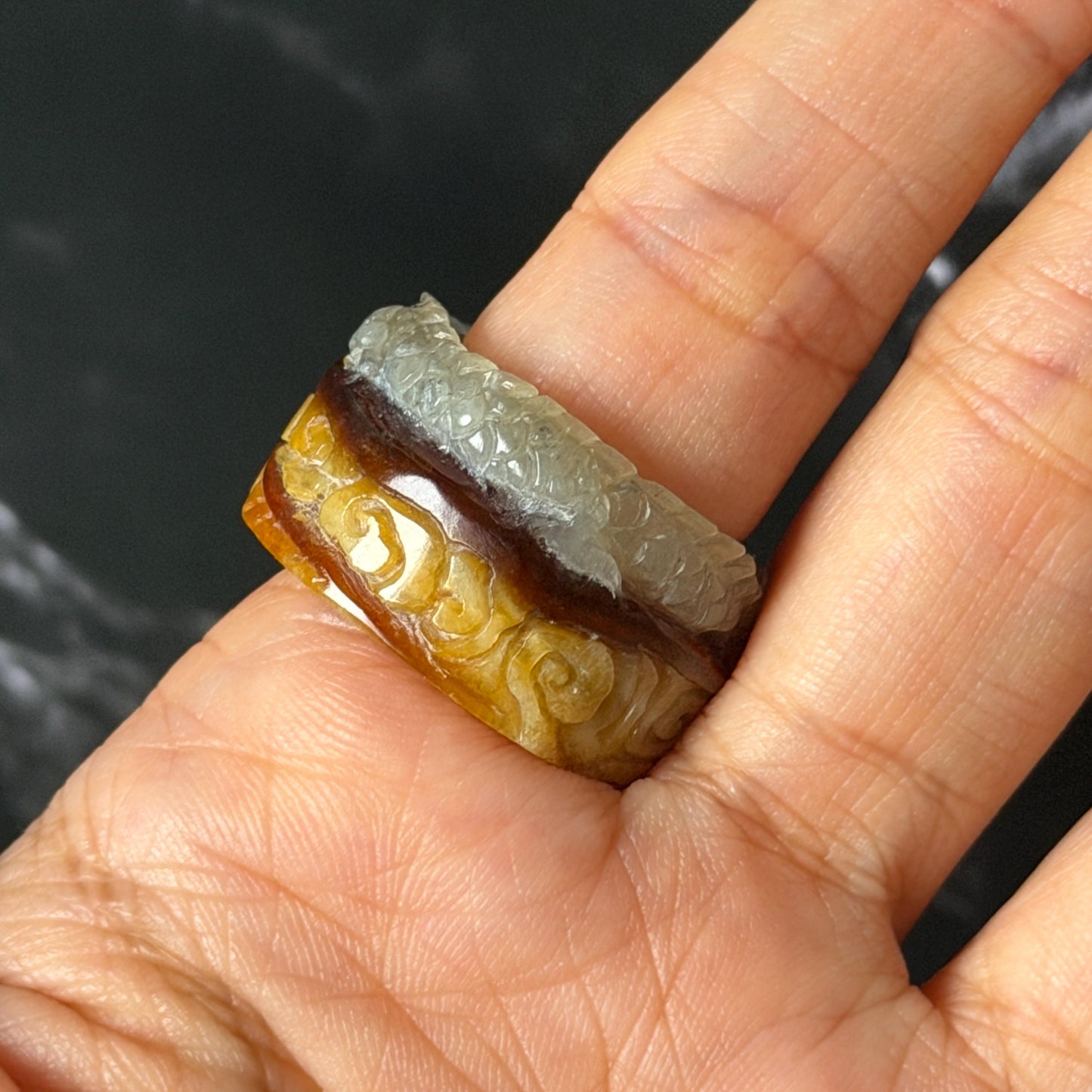 Xiu Jade Serpentine Hand Carved Spraying Fire Dragon Ring 17.3mm (US 6.5-6.75) : Natural Tri-colour Brown Yellow White Jade Statement ring  Band Ring gift for her white jade carving yellow jade brown jade tri colour jade dragon carving hand engraved statement ring hand carved flower natural untreated jade handcrafted jade ring hallow out style 3D carving Stone carving Gemstone Carving dragon Lover gift jade cocktail ring jade band ring thumb ring pendant