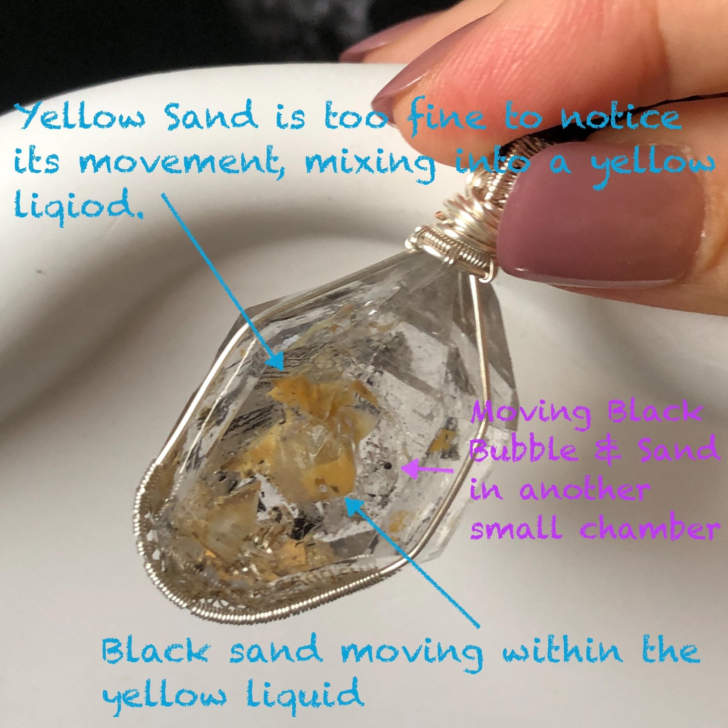 Yellow Enhydro Quartz (Herkimer Diamond) Wrapped Wire Pendant Adjustable Necklace: Rare Moving Yellow and Black Sand with Bubbles Inclusion Crystal | Natural Gemstone Birthstone Gift for her enhydro quartz sand water-fall pendant necklace choker gemstone charm stone pendant choker polished stone pendant crystal charm birthstone gift men necklace chakra crystal purify stone minerals specimen adjustable choker mica quartz mica flakes silver wire wrapped pendant inclusion quartz inclusion crystal