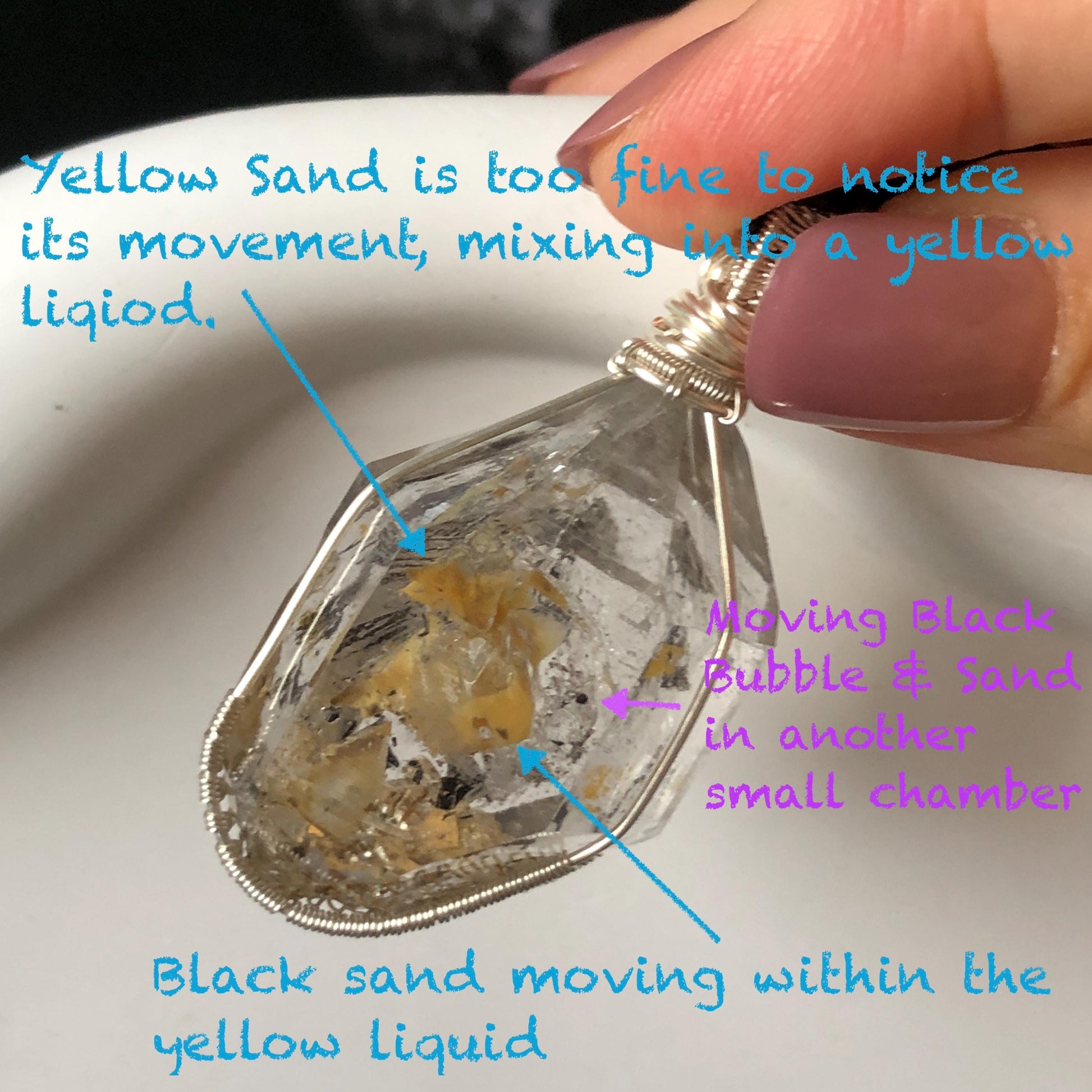 Yellow Enhydro Quartz (Herkimer Diamond) Wrapped Wire Pendant Adjustable Necklace: Rare Moving Yellow and Black Sand with Bubbles Inclusion Crystal | Natural Gemstone Birthstone Gift for her enhydro quartz sand water-fall pendant necklace choker gemstone charm stone pendant choker polished stone pendant crystal charm birthstone gift men necklace chakra crystal purify stone minerals specimen adjustable choker mica quartz mica flakes silver wire wrapped pendant inclusion quartz inclusion crystal
