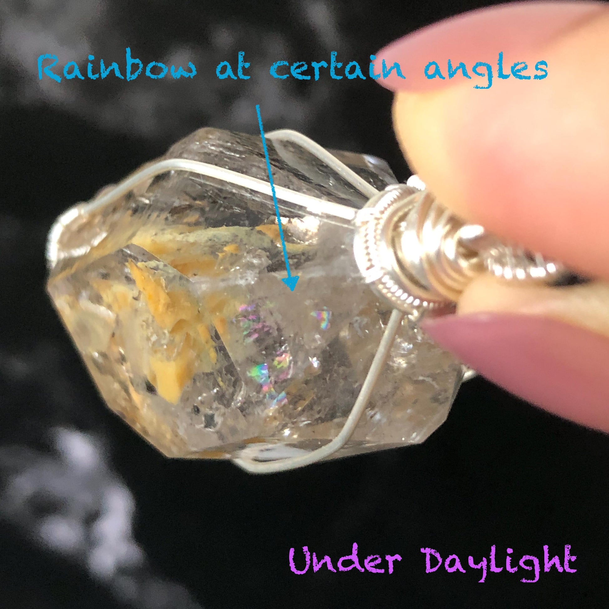 Yellow Enhydro Quartz (Herkimer Diamond) Wrapped Wire Pendant Adjustable Necklace: Rare Moving Yellow and Black Sand with Bubbles Inclusion Crystal | Natural Gemstone Birthstone Gift for her enhydro quartz sand water-fall pendant necklace choker gemstone charm stone pendant choker polished stone pendant crystal charm birthstone gift men necklace chakra crystal purify stone minerals specimen adjustable choker mica quartz mica flakes silver wire wrapped pendant inclusion quartz inclusion crystal