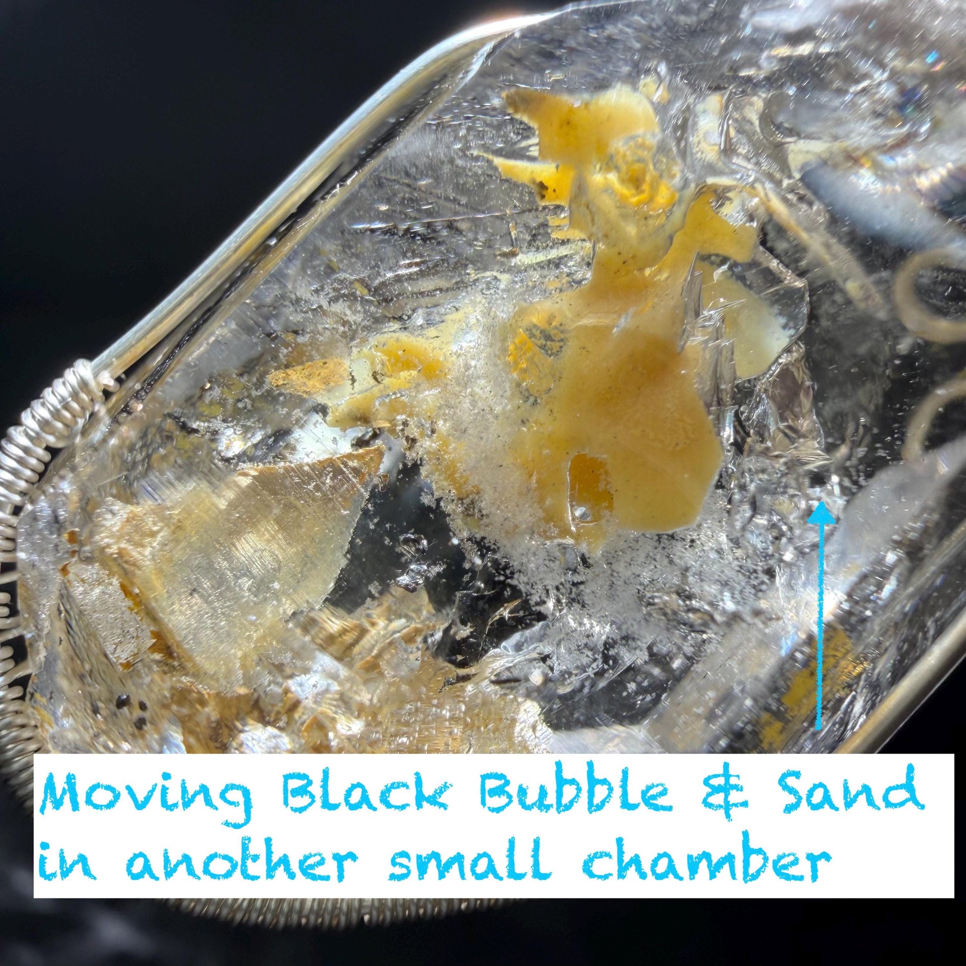 Yellow Enhydro Quartz (Herkimer Diamond) Wrapped Wire Pendant Adjustable Necklace: Rare Moving Yellow and Black Sand with Bubbles Inclusion Crystal | Natural Gemstone Birthstone Gift for her enhydro quartz sand water-fall pendant necklace choker gemstone charm stone pendant choker polished stone pendant crystal charm birthstone gift men necklace chakra crystal purify stone minerals specimen adjustable choker mica quartz mica flakes silver wire wrapped pendant inclusion quartz inclusion crystal