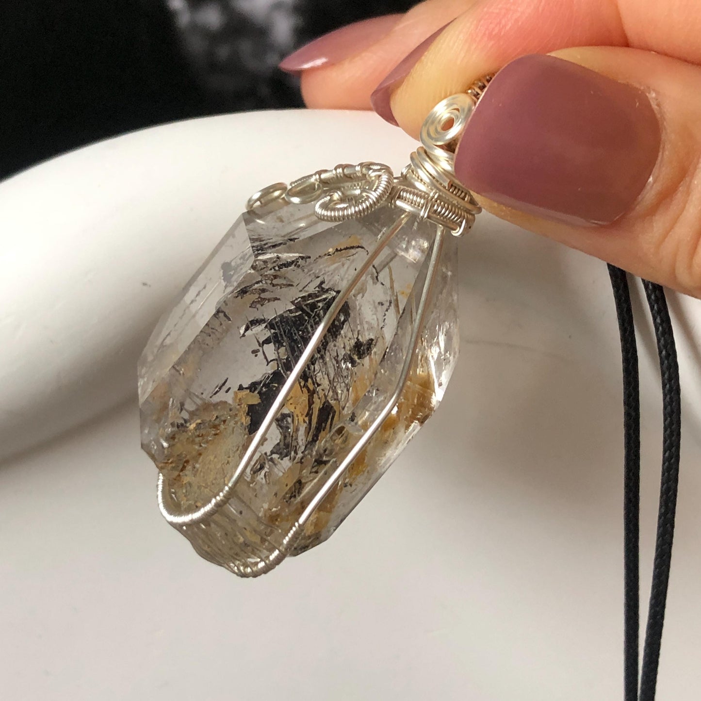 Yellow Enhydro Quartz (Herkimer Diamond) Wrapped Wire Pendant Adjustable Necklace: Rare Moving Yellow and Black Sand with Bubbles Inclusion Crystal | Natural Gemstone Birthstone Gift for her enhydro quartz sand water-fall pendant necklace choker gemstone charm stone pendant choker polished stone pendant crystal charm birthstone gift men necklace chakra crystal purify stone minerals specimen adjustable choker mica quartz mica flakes silver wire wrapped pendant inclusion quartz inclusion crystal