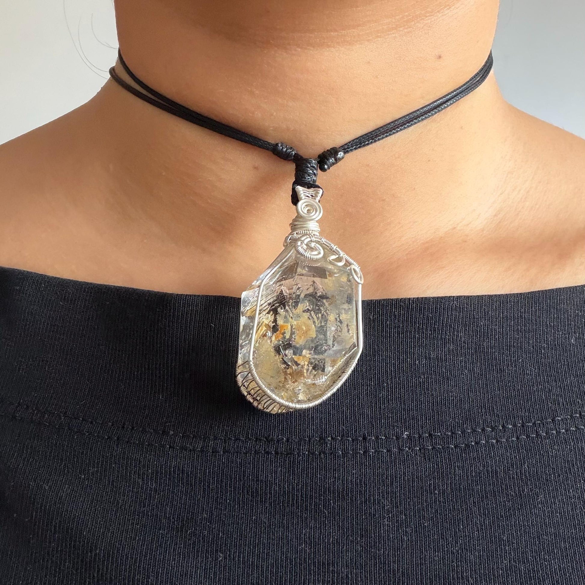 Yellow Enhydro Quartz (Herkimer Diamond) Wrapped Wire Pendant Adjustable Necklace: Rare Moving Yellow and Black Sand with Bubbles Inclusion Crystal | Natural Gemstone Birthstone Gift for her enhydro quartz sand water-fall pendant necklace choker gemstone charm stone pendant choker polished stone pendant crystal charm birthstone gift men necklace chakra crystal purify stone minerals specimen adjustable choker mica quartz mica flakes silver wire wrapped pendant inclusion quartz inclusion crystal