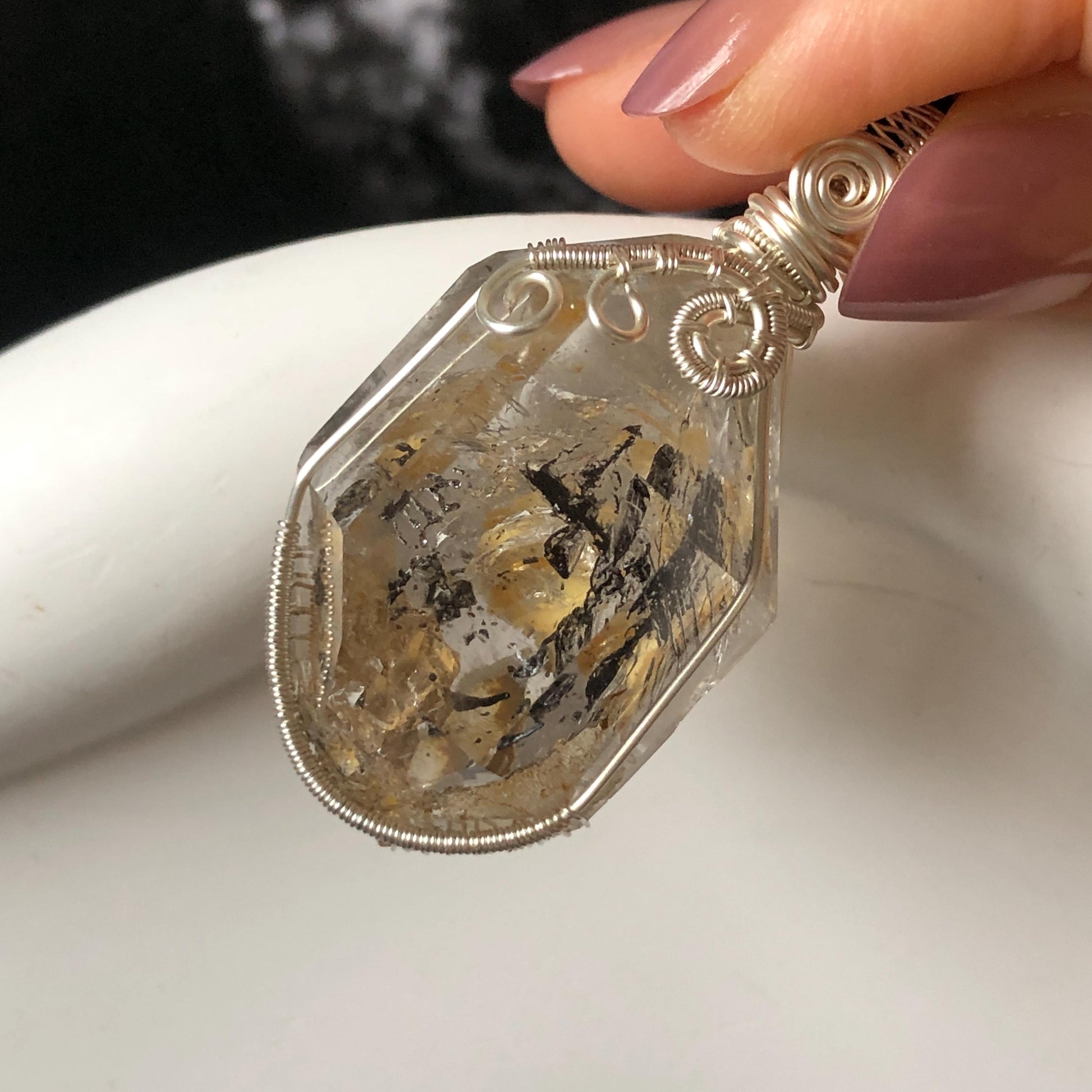 Yellow Enhydro Quartz (Herkimer Diamond) Wrapped Wire Pendant Adjustable Necklace: Rare Moving Yellow and Black Sand with Bubbles Inclusion Crystal | Natural Gemstone Birthstone Gift for her enhydro quartz sand water-fall pendant necklace choker gemstone charm stone pendant choker polished stone pendant crystal charm birthstone gift men necklace chakra crystal purify stone minerals specimen adjustable choker mica quartz mica flakes silver wire wrapped pendant inclusion quartz inclusion crystal