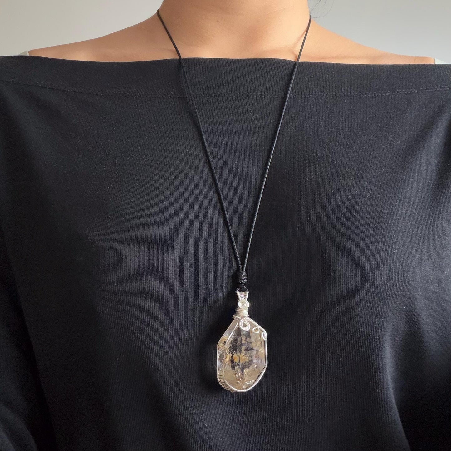 Yellow Enhydro Quartz (Herkimer Diamond) Wrapped Wire Pendant Adjustable Necklace: Rare Moving Yellow and Black Sand with Bubbles Inclusion Crystal | Natural Gemstone Birthstone Gift for her enhydro quartz sand water-fall pendant necklace choker gemstone charm stone pendant choker polished stone pendant crystal charm birthstone gift men necklace chakra crystal purify stone minerals specimen adjustable choker mica quartz mica flakes silver wire wrapped pendant inclusion quartz inclusion crystal