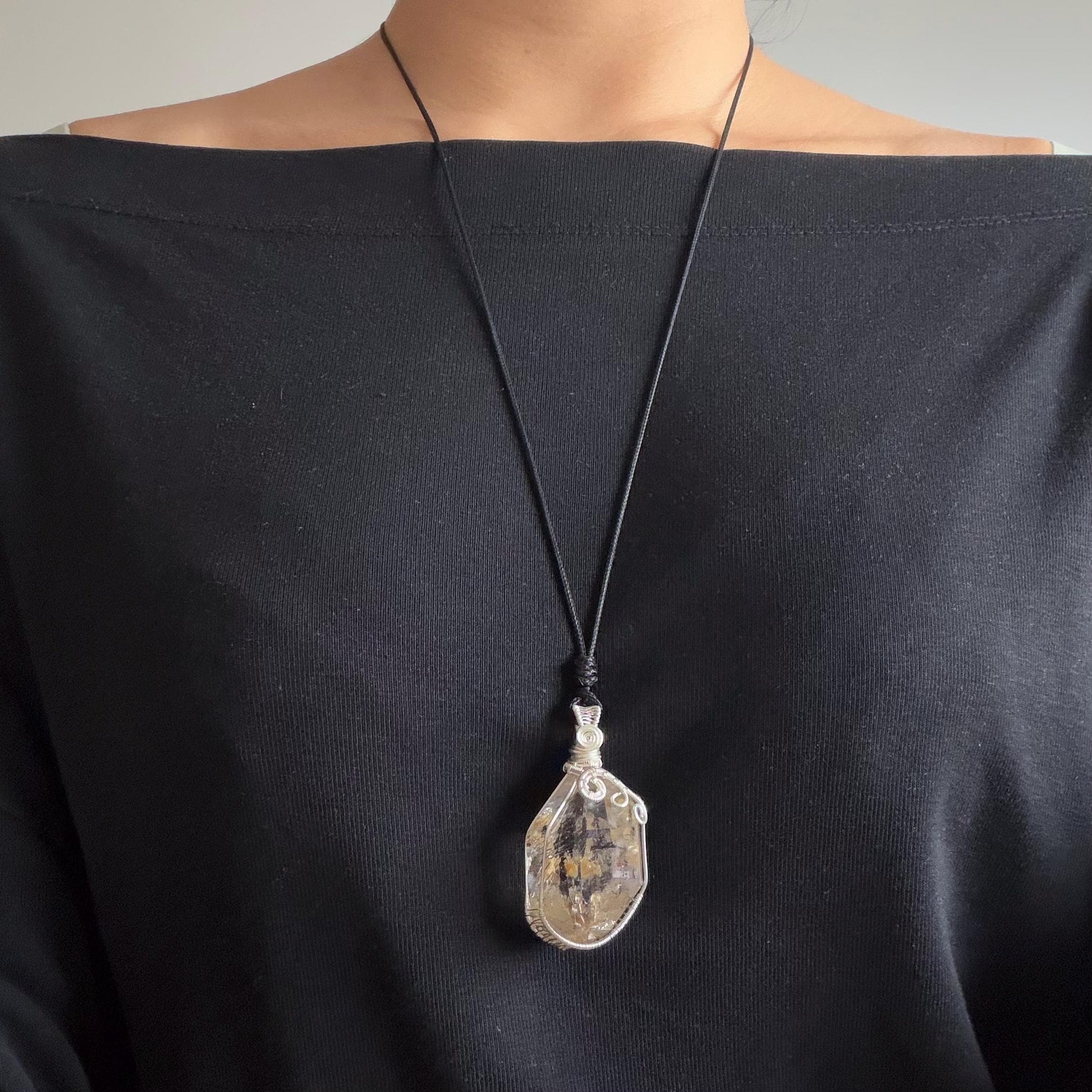 Yellow Enhydro Quartz (Herkimer Diamond) Wrapped Wire Pendant Adjustable Necklace: Rare Moving Yellow and Black Sand with Bubbles Inclusion Crystal | Natural Gemstone Birthstone Gift for her enhydro quartz sand water-fall pendant necklace choker gemstone charm stone pendant choker polished stone pendant crystal charm birthstone gift men necklace chakra crystal purify stone minerals specimen adjustable choker mica quartz mica flakes silver wire wrapped pendant inclusion quartz inclusion crystal