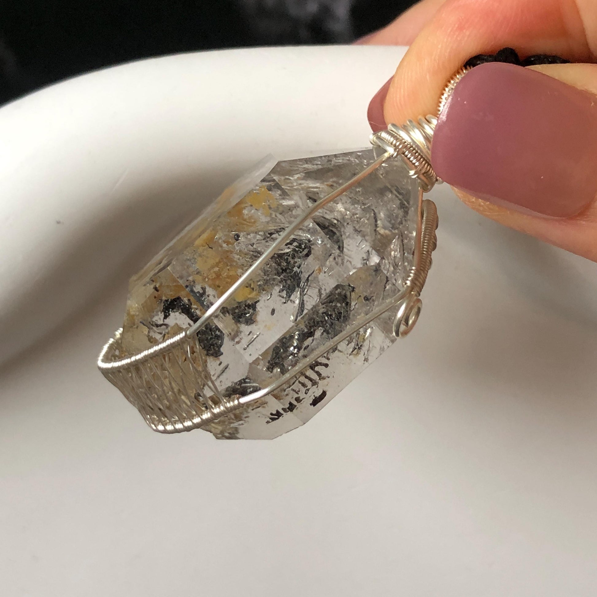 Yellow Enhydro Quartz (Herkimer Diamond) Wrapped Wire Pendant Adjustable Necklace: Rare Moving Yellow and Black Sand with Bubbles Inclusion Crystal | Natural Gemstone Birthstone Gift for her enhydro quartz sand water-fall pendant necklace choker gemstone charm stone pendant choker polished stone pendant crystal charm birthstone gift men necklace chakra crystal purify stone minerals specimen adjustable choker mica quartz mica flakes silver wire wrapped pendant inclusion quartz inclusion crystal