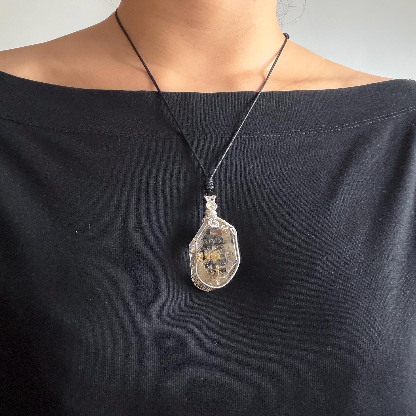 Yellow Enhydro Quartz (Herkimer Diamond) Wrapped Wire Pendant Adjustable Necklace: Rare Moving Yellow and Black Sand with Bubbles Inclusion Crystal | Natural Gemstone Birthstone Gift for her enhydro quartz sand water-fall pendant necklace choker gemstone charm stone pendant choker polished stone pendant crystal charm birthstone gift men necklace chakra crystal purify stone minerals specimen adjustable choker mica quartz mica flakes silver wire wrapped pendant inclusion quartz inclusion crystal