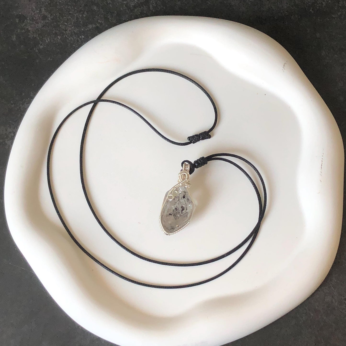 Rare Polished Enhydro Quartz (Herkimer Diamond) Mini Wire Wrapped Pendant Adjustable Necklace: Moving Sand & Black Bubble Inclusion Crystal | Natural Gemstone Birthstone Gift for her enhydro quartz sand water-fall pendant necklace choker gemstone charm stone pendant choker polished stone pendant crystal charm birthstone gift for her men necklace chakra crystal purify stone minerals specimen adjustable choker mica quartz silver wire wrapped pendant inlcusion crystal inclusion quartz jewelry