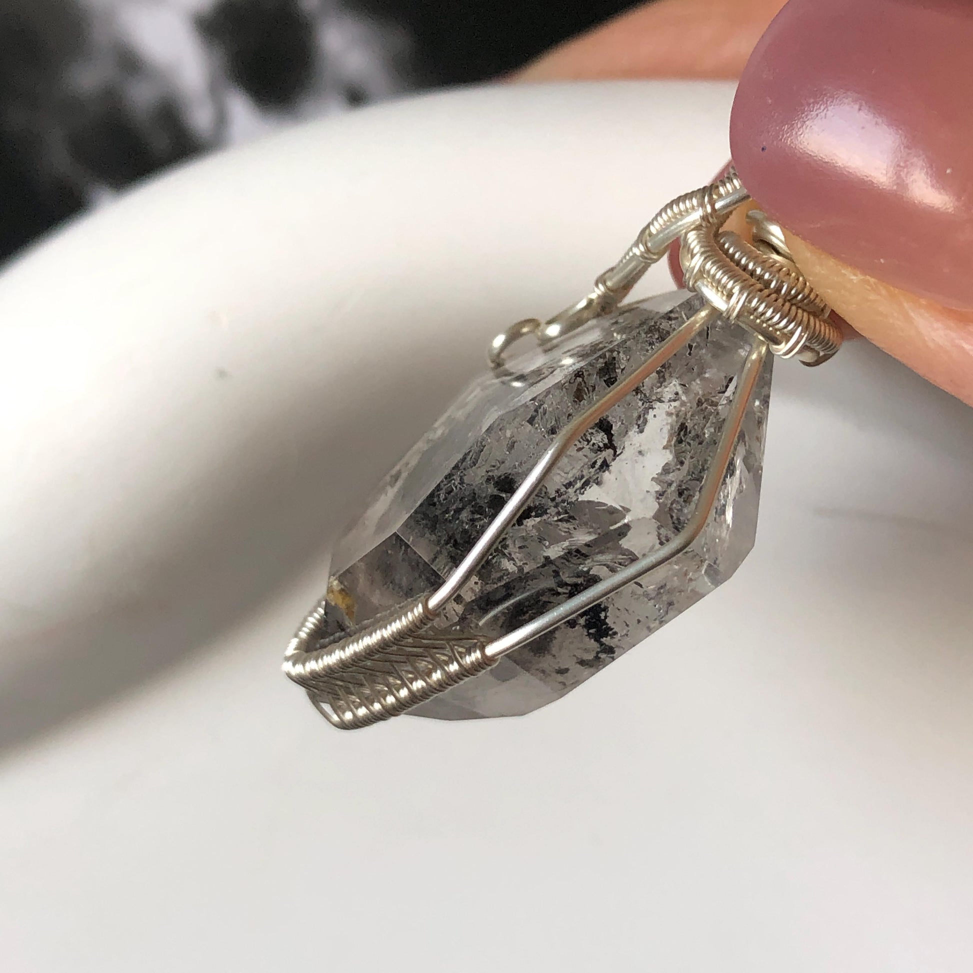 Rare Polished Enhydro Quartz (Herkimer Diamond) Mini Wire Wrapped Pendant Adjustable Necklace: Moving Sand & Black Bubble Inclusion Crystal | Natural Gemstone Birthstone Gift for her enhydro quartz sand water-fall pendant necklace choker gemstone charm stone pendant choker polished stone pendant crystal charm birthstone gift for her men necklace chakra crystal purify stone minerals specimen adjustable choker mica quartz silver wire wrapped pendant inlcusion crystal inclusion quartz jewelry