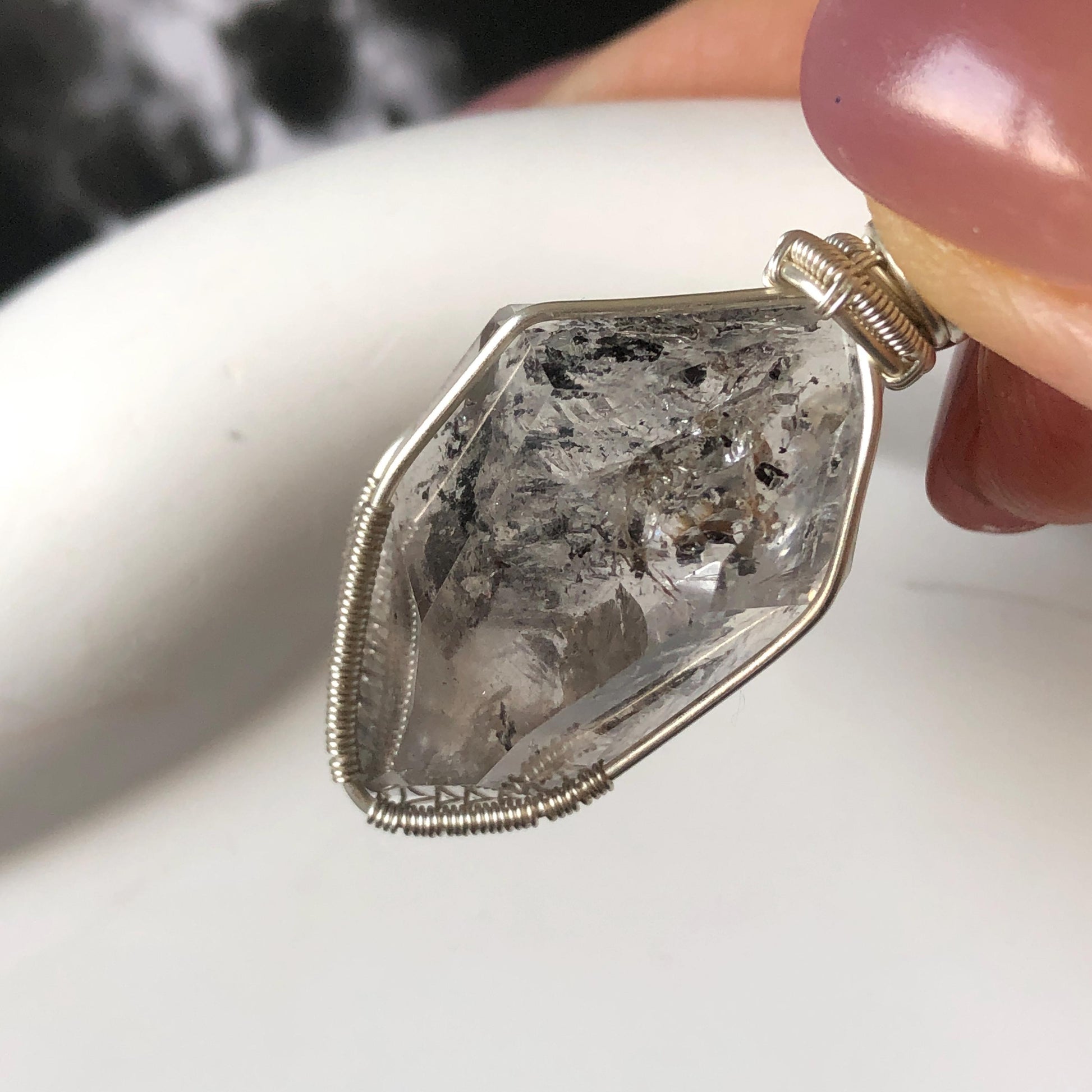 Rare Polished Enhydro Quartz (Herkimer Diamond) Mini Wire Wrapped Pendant Adjustable Necklace: Moving Sand & Black Bubble Inclusion Crystal | Natural Gemstone Birthstone Gift for her enhydro quartz sand water-fall pendant necklace choker gemstone charm stone pendant choker polished stone pendant crystal charm birthstone gift for her men necklace chakra crystal purify stone minerals specimen adjustable choker mica quartz silver wire wrapped pendant inlcusion crystal inclusion quartz jewelry
