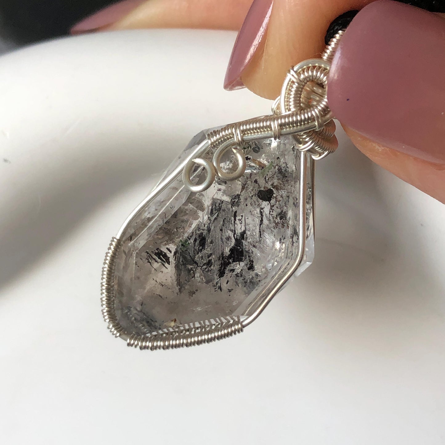 Rare Polished Enhydro Quartz (Herkimer Diamond) Mini Wire Wrapped Pendant Adjustable Necklace: Moving Sand & Black Bubble Inclusion Crystal | Natural Gemstone Birthstone Gift for her enhydro quartz sand water-fall pendant necklace choker gemstone charm stone pendant choker polished stone pendant crystal charm birthstone gift for her men necklace chakra crystal purify stone minerals specimen adjustable choker mica quartz silver wire wrapped pendant inlcusion crystal inclusion quartz jewelry
