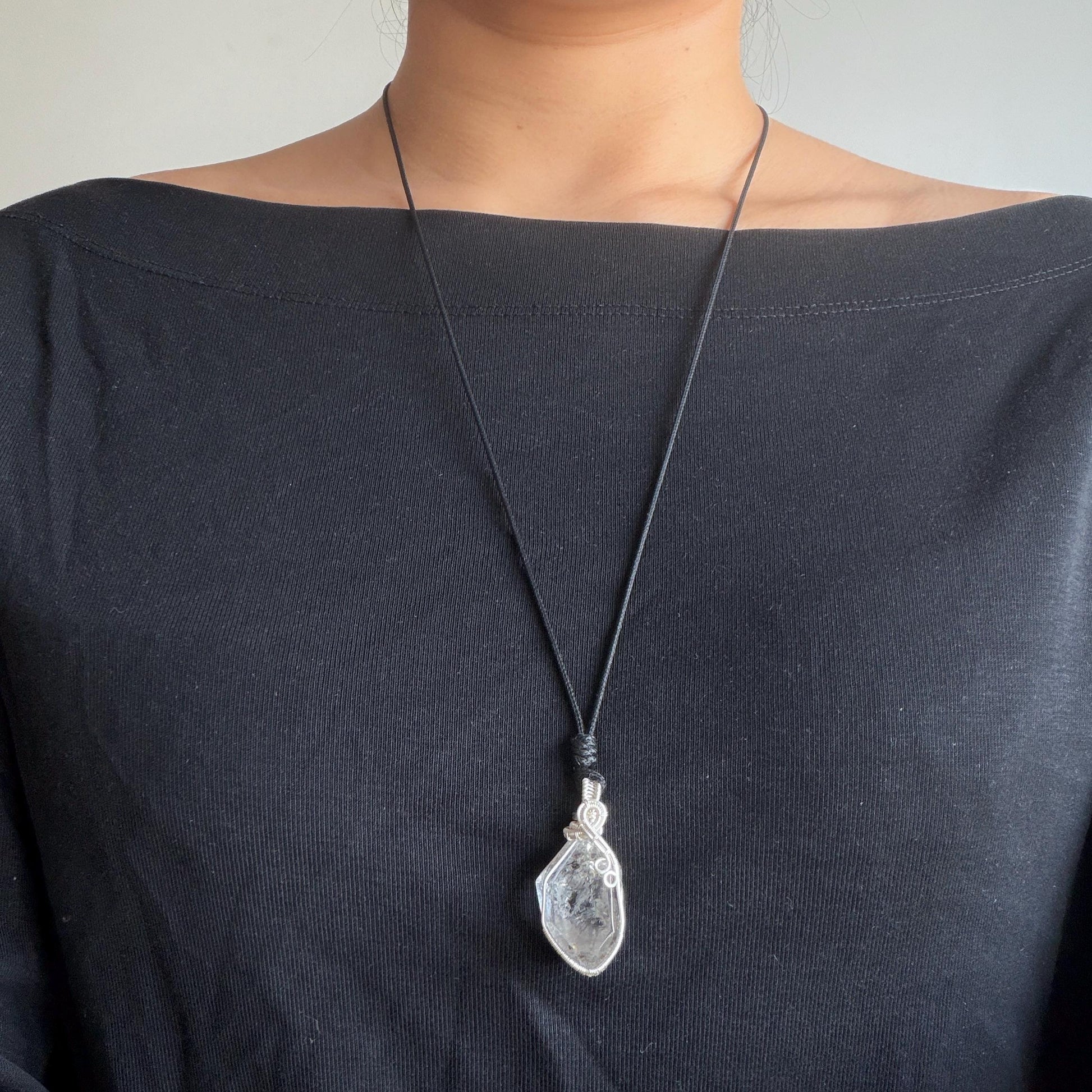 Rare Polished Enhydro Quartz (Herkimer Diamond) Mini Wire Wrapped Pendant Adjustable Necklace: Moving Sand & Black Bubble Inclusion Crystal | Natural Gemstone Birthstone Gift for her enhydro quartz sand water-fall pendant necklace choker gemstone charm stone pendant choker polished stone pendant crystal charm birthstone gift for her men necklace chakra crystal purify stone minerals specimen adjustable choker mica quartz silver wire wrapped pendant inlcusion crystal inclusion quartz jewelry
