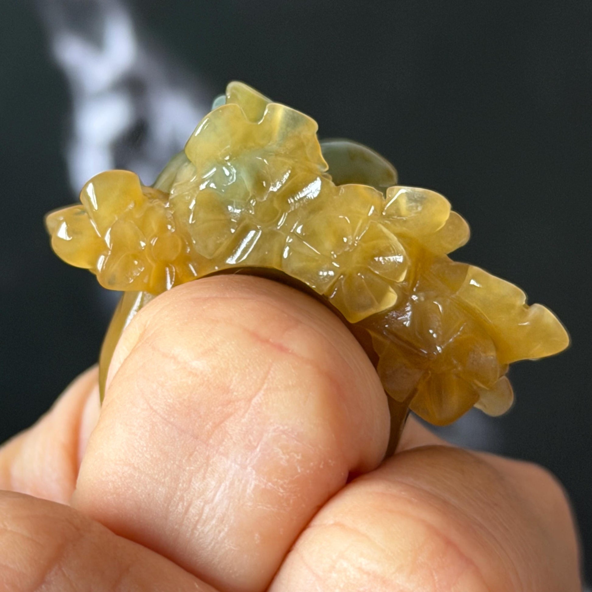 Xiu Jade (Serpentine) Hand Carved Rabbit & Flower Statement Ring 17.7mm (US 7-7.25): Natural Green Yellow Jade 3D stone carving Statement Ring Band Ring gift for her green jade carving yellow jade bi colour jade rabbit carving hand engraved statement ring flower carving hand carved flower natural untreated jade handcrafted jade ring 3D carving Stone carving Gemstone Carving rabbit Lover gift jade cocktail ring jade band ring bunny ring bunny carving