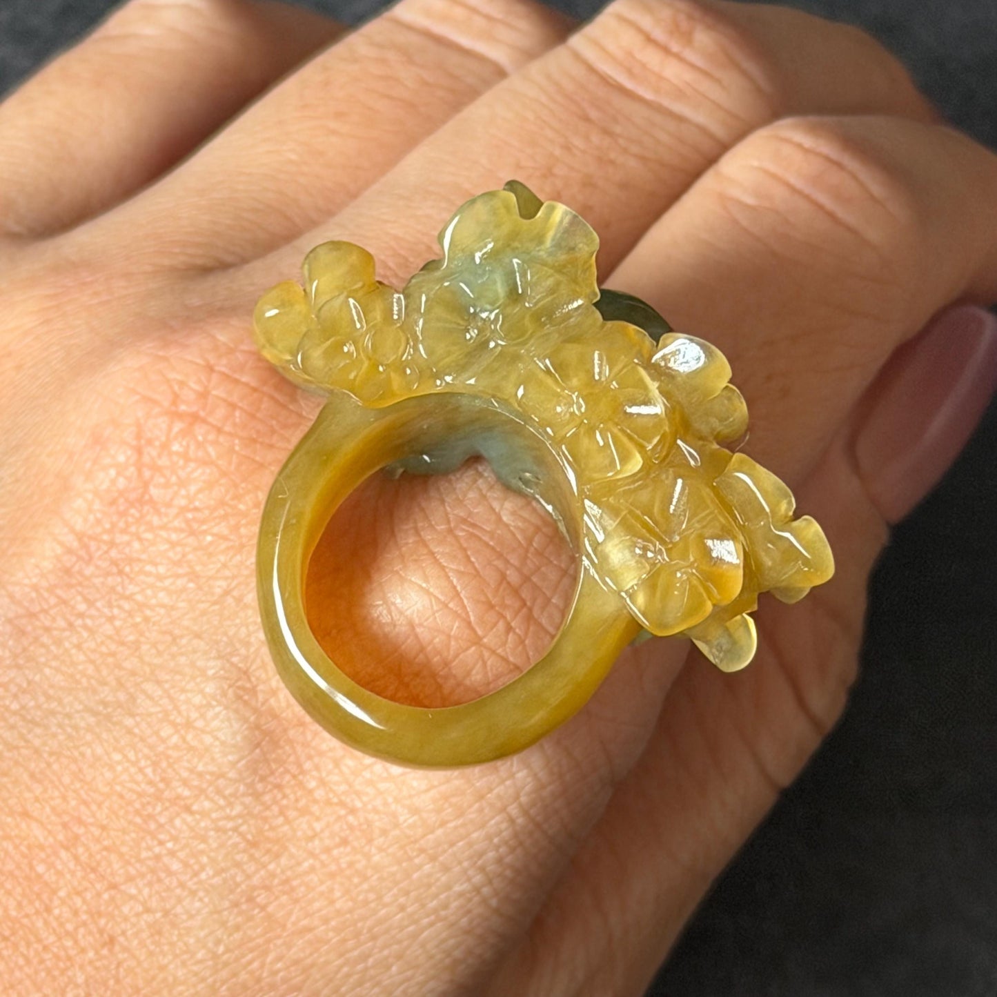 Xiu Jade (Serpentine) Hand Carved Rabbit & Flower Statement Ring 17.7mm (US 7-7.25): Natural Green Yellow Jade 3D stone carving Statement Ring Band Ring gift for her green jade carving yellow jade bi colour jade rabbit carving hand engraved statement ring flower carving hand carved flower natural untreated jade handcrafted jade ring 3D carving Stone carving Gemstone Carving rabbit Lover gift jade cocktail ring jade band ring bunny ring bunny carving