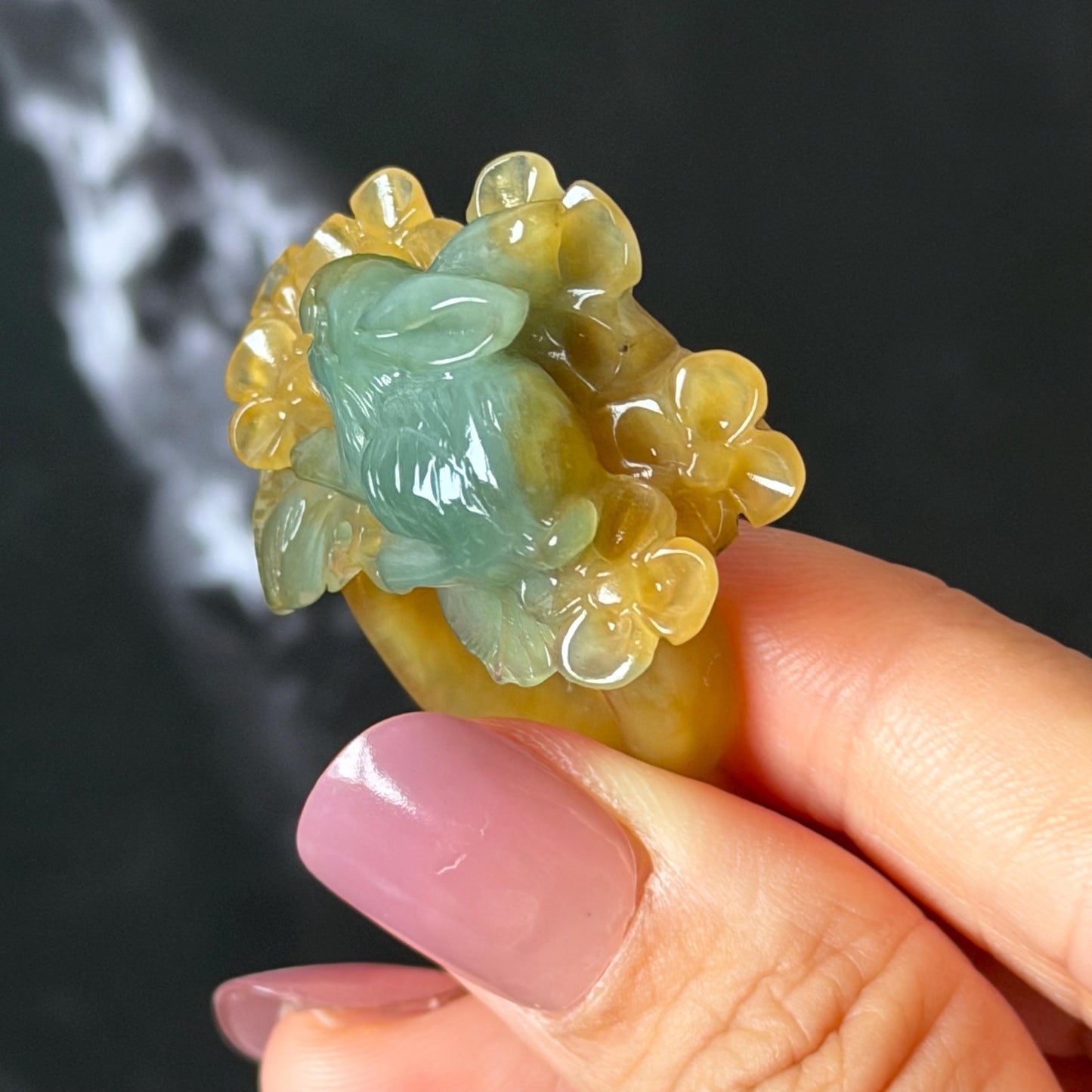 Xiu Jade (Serpentine) Hand Carved Rabbit & Flower Statement Ring 17.7mm (US 7-7.25): Natural Green Yellow Jade 3D stone carving Statement Ring Band Ring gift for her green jade carving yellow jade bi colour jade rabbit carving hand engraved statement ring flower carving hand carved flower natural untreated jade handcrafted jade ring 3D carving Stone carving Gemstone Carving rabbit Lover gift jade cocktail ring jade band ring bunny ring bunny carving