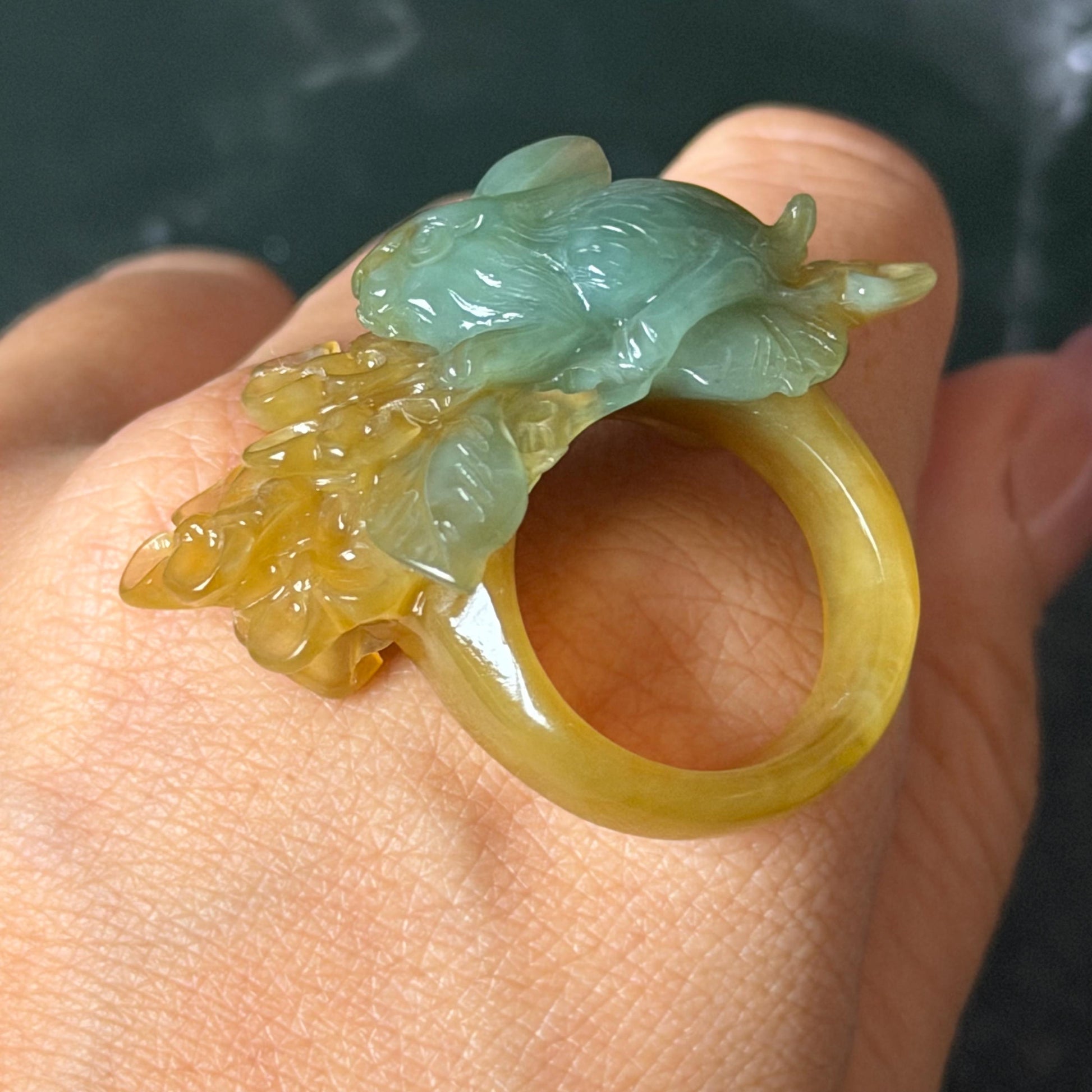 Xiu Jade (Serpentine) Hand Carved Rabbit & Flower Statement Ring 17.7mm (US 7-7.25): Natural Green Yellow Jade 3D stone carving Statement Ring Band Ring gift for her green jade carving yellow jade bi colour jade rabbit carving hand engraved statement ring flower carving hand carved flower natural untreated jade handcrafted jade ring 3D carving Stone carving Gemstone Carving rabbit Lover gift jade cocktail ring jade band ring bunny ring bunny carving