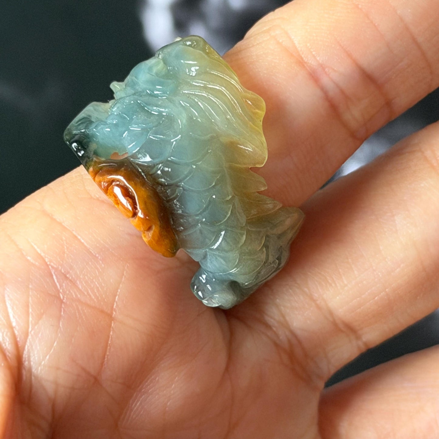 Xiu Jade Serpentine Hand Carved Spraying Fire Dragon Ring 18.4mm (US 8) : Natural Tri-colour Brown Yellow Green Jade Statement Ring Band Ring gift for her green jade carving yellow jade brown jade tri colour jade dragon carving hand engraved statement ring hand carved flower natural untreated jade handcrafted jade ring hallow out style 3D carving Stone carving Gemstone Carving dragon Lover gift jade cocktail ring jade band ring thumb ring