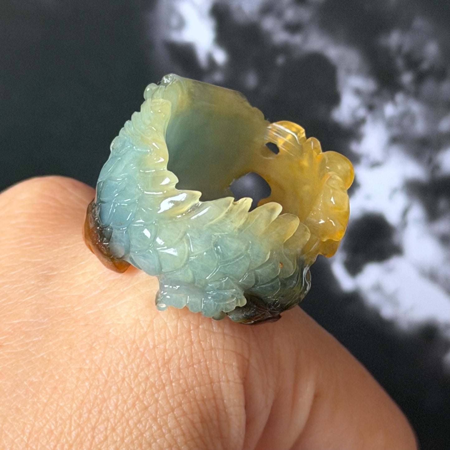 Xiu Jade Serpentine Hand Carved Spraying Fire Dragon Ring 18.4mm (US 8) : Natural Tri-colour Brown Yellow Green Jade Statement Ring Band Ring gift for her green jade carving yellow jade brown jade tri colour jade dragon carving hand engraved statement ring hand carved flower natural untreated jade handcrafted jade ring hallow out style 3D carving Stone carving Gemstone Carving dragon Lover gift jade cocktail ring jade band ring thumb ring