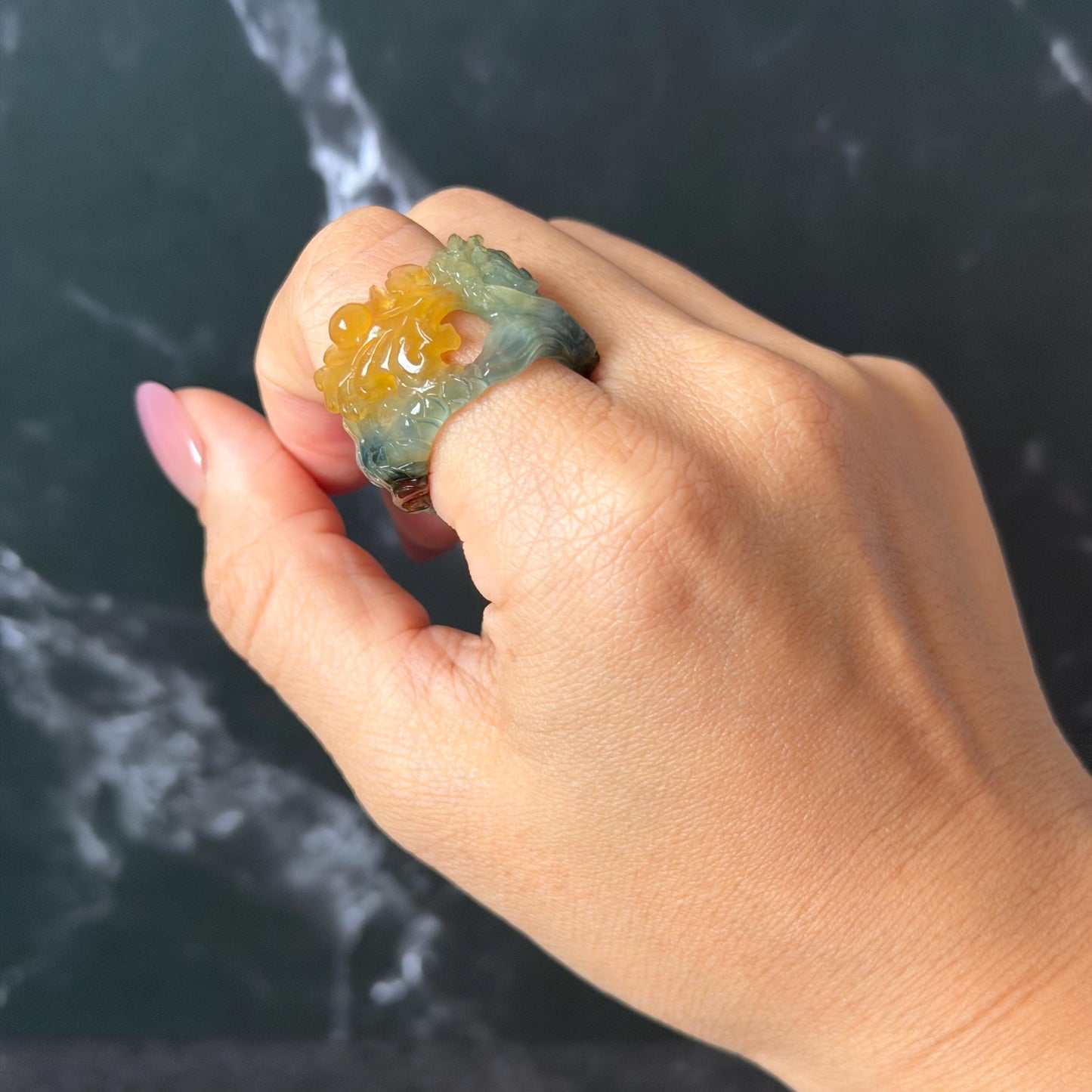 Xiu Jade Serpentine Hand Carved Spraying Fire Dragon Ring 18.4mm (US 8) : Natural Tri-colour Brown Yellow Green Jade Statement Ring Band Ring gift for her green jade carving yellow jade brown jade tri colour jade dragon carving hand engraved statement ring hand carved flower natural untreated jade handcrafted jade ring hallow out style 3D carving Stone carving Gemstone Carving dragon Lover gift jade cocktail ring jade band ring thumb ring