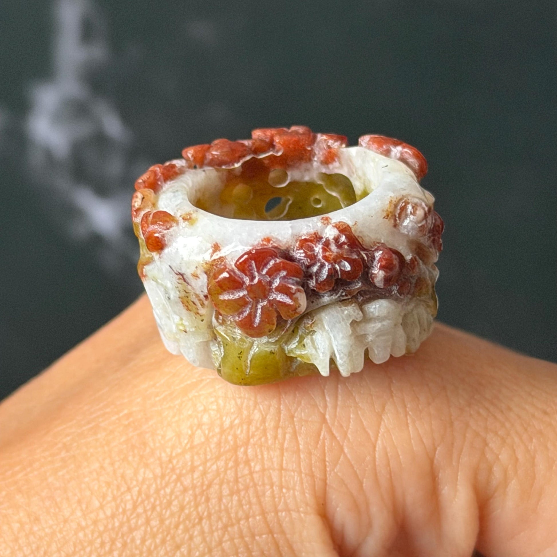 Xiu Jade Serpentine Hand Carved Plum Blossom Flowers in Snow Statement Ring 16.3mm (US 5.5) : Natural Tri-colour Red White Green Jade Pinky Ring Pendant Band Ring gift for her green jade carving white jade brown jade red jade tri colour jade flower carving hand engraved statement ring hand carved flower natural untreated jade handcrafted jade ring hallow out style 3D carving Stone carving Gemstone Carving Flower Lover gift jade cocktail ring jade band ring thumb ring