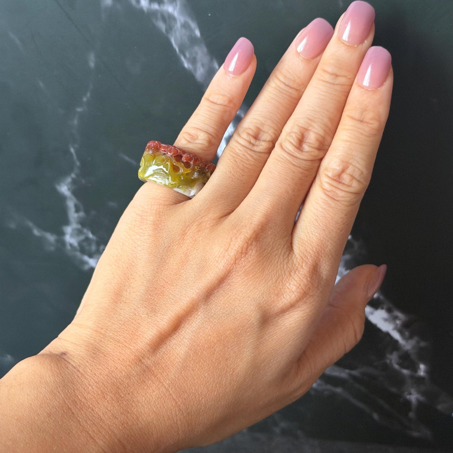 Xiu Jade Serpentine Hand Carved Plum Blossom Flowers in Snow Statement Ring 16.3mm (US 5.5) : Natural Tri-colour Red White Green Jade Pinky Ring Pendant Band Ring gift for her green jade carving white jade brown jade red jade tri colour jade flower carving hand engraved statement ring hand carved flower natural untreated jade handcrafted jade ring hallow out style 3D carving Stone carving Gemstone Carving Flower Lover gift jade cocktail ring jade band ring thumb ring