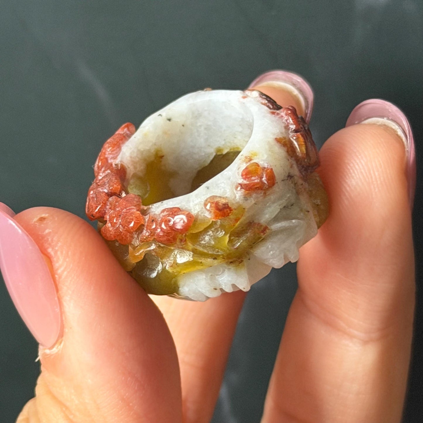 Xiu Jade Serpentine Hand Carved Plum Blossom Flowers in Snow Statement Ring 16.3mm (US 5.5) : Natural Tri-colour Red White Green Jade Pinky Ring Pendant Band Ring gift for her green jade carving white jade brown jade red jade tri colour jade flower carving hand engraved statement ring hand carved flower natural untreated jade handcrafted jade ring hallow out style 3D carving Stone carving Gemstone Carving Flower Lover gift jade cocktail ring jade band ring thumb ring