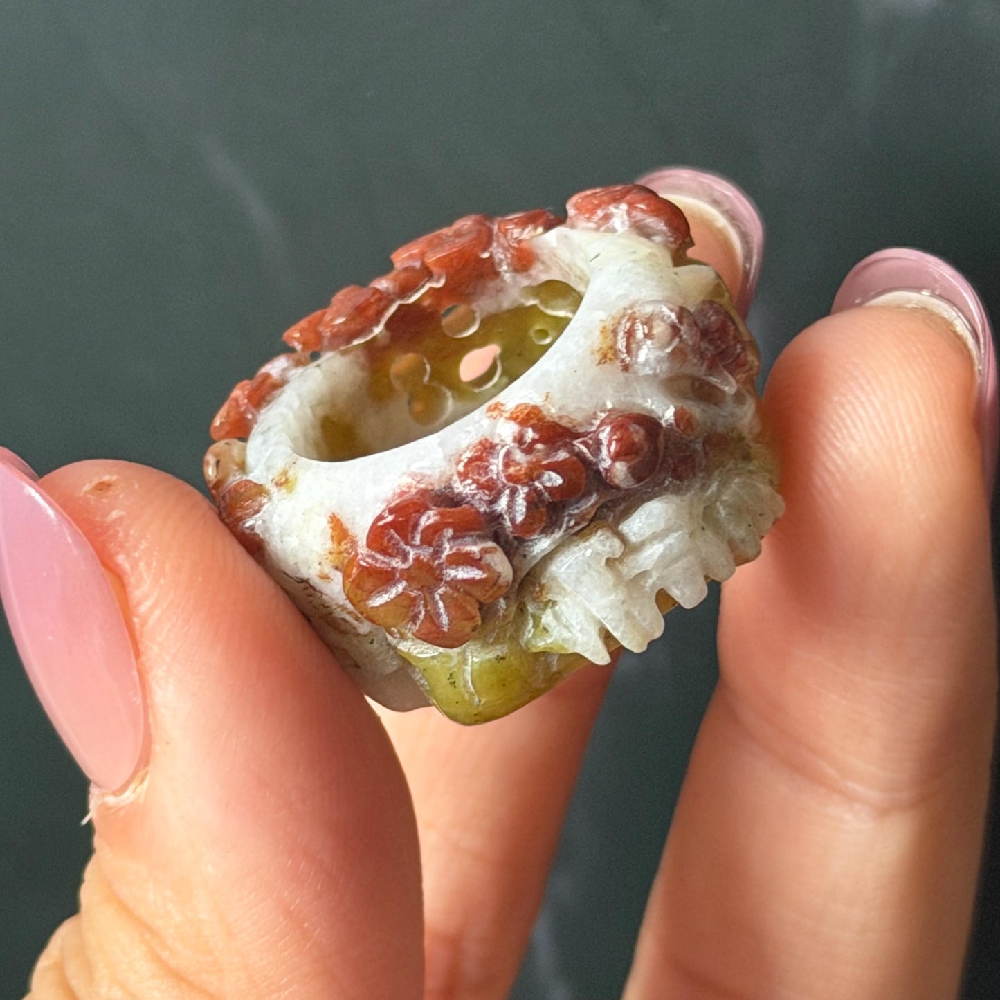 Xiu Jade Serpentine Hand Carved Plum Blossom Flowers in Snow Statement Ring 16.3mm (US 5.5) : Natural Tri-colour Red White Green Jade Pinky Ring Pendant Band Ring gift for her green jade carving white jade brown jade red jade tri colour jade flower carving hand engraved statement ring hand carved flower natural untreated jade handcrafted jade ring hallow out style 3D carving Stone carving Gemstone Carving Flower Lover gift jade cocktail ring jade band ring thumb ring
