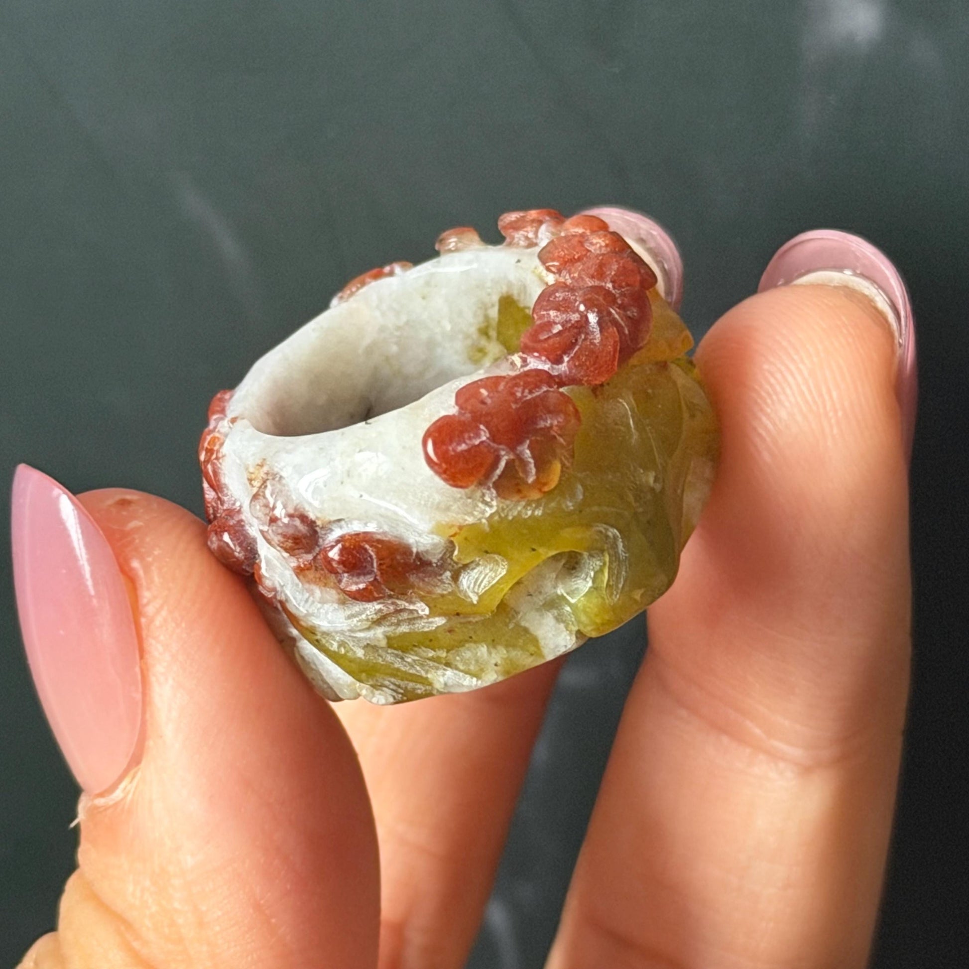 Xiu Jade Serpentine Hand Carved Plum Blossom Flowers in Snow Statement Ring 16.3mm (US 5.5) : Natural Tri-colour Red White Green Jade Pinky Ring Pendant Band Ring gift for her green jade carving white jade brown jade red jade tri colour jade flower carving hand engraved statement ring hand carved flower natural untreated jade handcrafted jade ring hallow out style 3D carving Stone carving Gemstone Carving Flower Lover gift jade cocktail ring jade band ring thumb ring