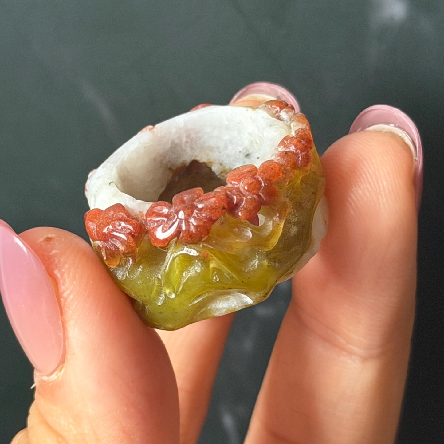 Xiu Jade Serpentine Hand Carved Plum Blossom Flowers in Snow Statement Ring 16.3mm (US 5.5) : Natural Tri-colour Red White Green Jade Pinky Ring Pendant Band Ring gift for her green jade carving white jade brown jade red jade tri colour jade flower carving hand engraved statement ring hand carved flower natural untreated jade handcrafted jade ring hallow out style 3D carving Stone carving Gemstone Carving Flower Lover gift jade cocktail ring jade band ring thumb ring