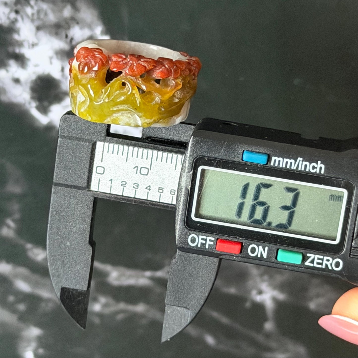 Xiu Jade Serpentine Hand Carved Plum Blossom Flowers in Snow Statement Ring 16.3mm (US 5.5) : Natural Tri-colour Red White Green Jade Pinky Ring Pendant Band Ring gift for her green jade carving white jade brown jade red jade tri colour jade flower carving hand engraved statement ring hand carved flower natural untreated jade handcrafted jade ring hallow out style 3D carving Stone carving Gemstone Carving Flower Lover gift jade cocktail ring jade band ring thumb ring