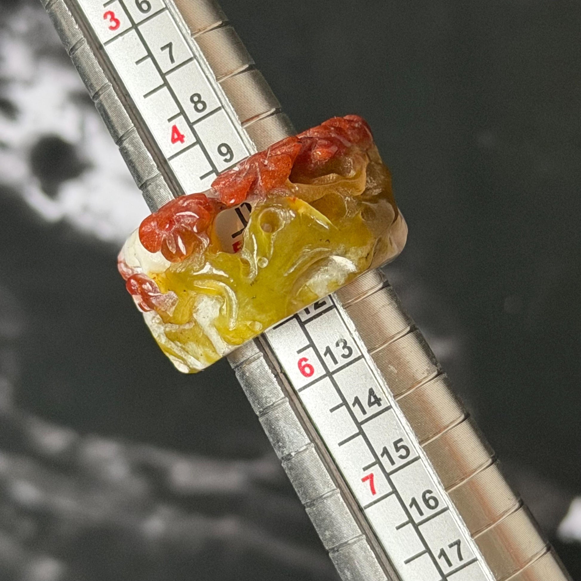 Xiu Jade Serpentine Hand Carved Plum Blossom Flowers in Snow Statement Ring 16.3mm (US 5.5) : Natural Tri-colour Red White Green Jade Pinky Ring Pendant Band Ring gift for her green jade carving white jade brown jade red jade tri colour jade flower carving hand engraved statement ring hand carved flower natural untreated jade handcrafted jade ring hallow out style 3D carving Stone carving Gemstone Carving Flower Lover gift jade cocktail ring jade band ring thumb ring