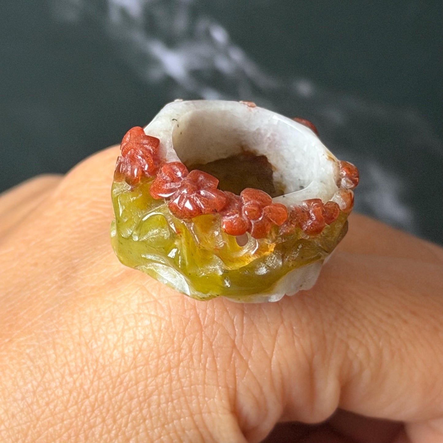Xiu Jade Serpentine Hand Carved Plum Blossom Flowers in Snow Statement Ring 16.3mm (US 5.5) : Natural Tri-colour Red White Green Jade Pinky Ring Pendant Band Ring gift for her green jade carving white jade brown jade red jade tri colour jade flower carving hand engraved statement ring hand carved flower natural untreated jade handcrafted jade ring hallow out style 3D carving Stone carving Gemstone Carving Flower Lover gift jade cocktail ring jade band ring thumb ring