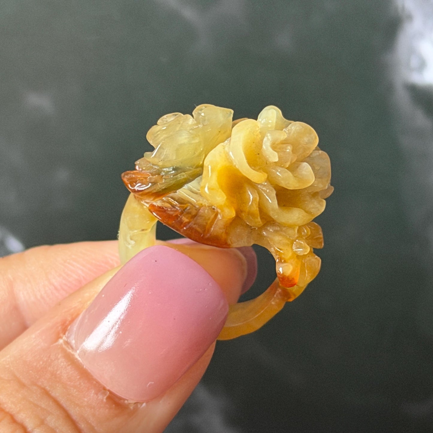 Xiu Jade (Serpentine) Hand Carved Blooming Flowers Statement Ring 15.3mm (US 4.25): Natural Bi-colour Brown Yellow Jade Pinky Ring for Women Ring Pendant Band Ring gift for her green jade carving yellow jade bi colour jade flower carving hand engraved statement ring hand carved flower natural untreated jade handcrafted jade ring hallow out style 3D carving Stone carving Gemstone Carving Flower Lover gift jade cocktail ring jade band ring