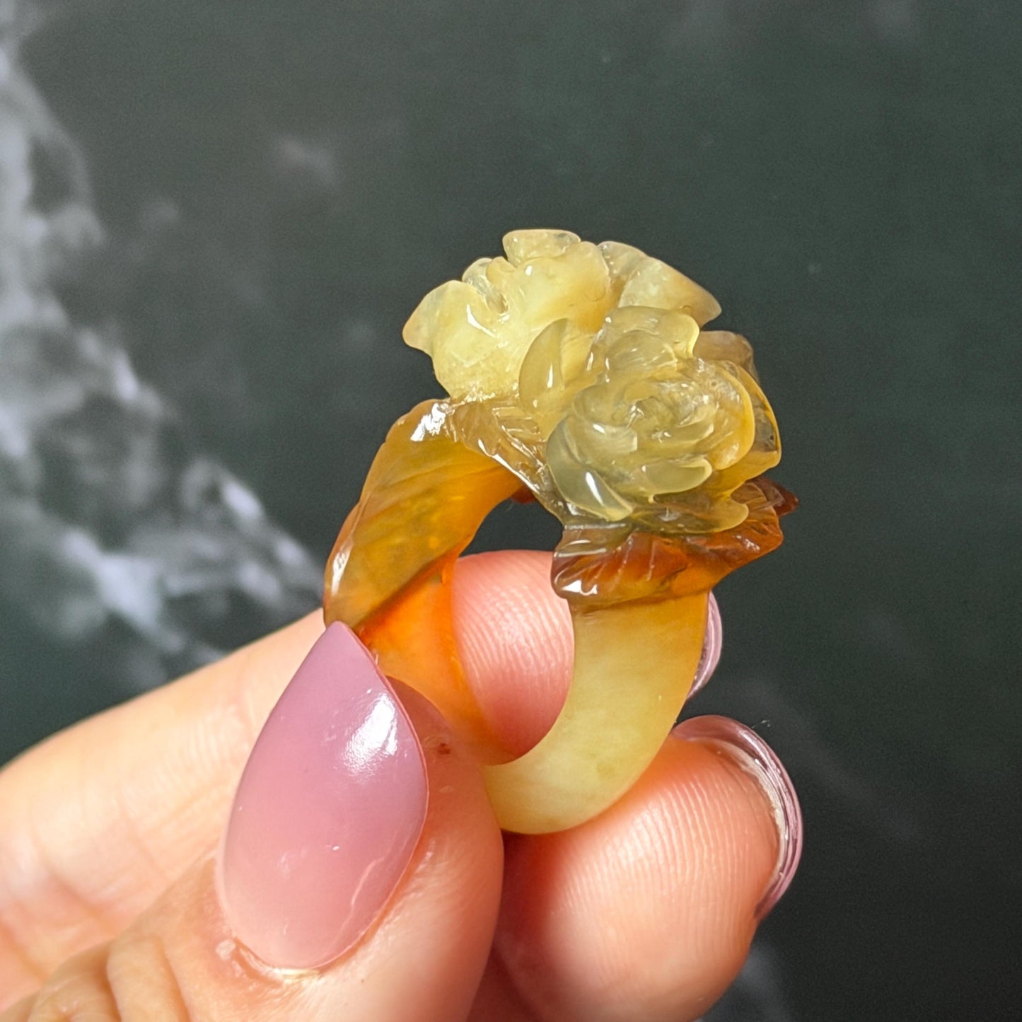 Xiu Jade (Serpentine) Hand Carved Blooming Flowers Statement Ring 15.3mm (US 4.25): Natural Bi-colour Brown Yellow Jade Pinky Ring for Women Ring Pendant Band Ring gift for her green jade carving yellow jade bi colour jade flower carving hand engraved statement ring hand carved flower natural untreated jade handcrafted jade ring hallow out style 3D carving Stone carving Gemstone Carving Flower Lover gift jade cocktail ring jade band ring