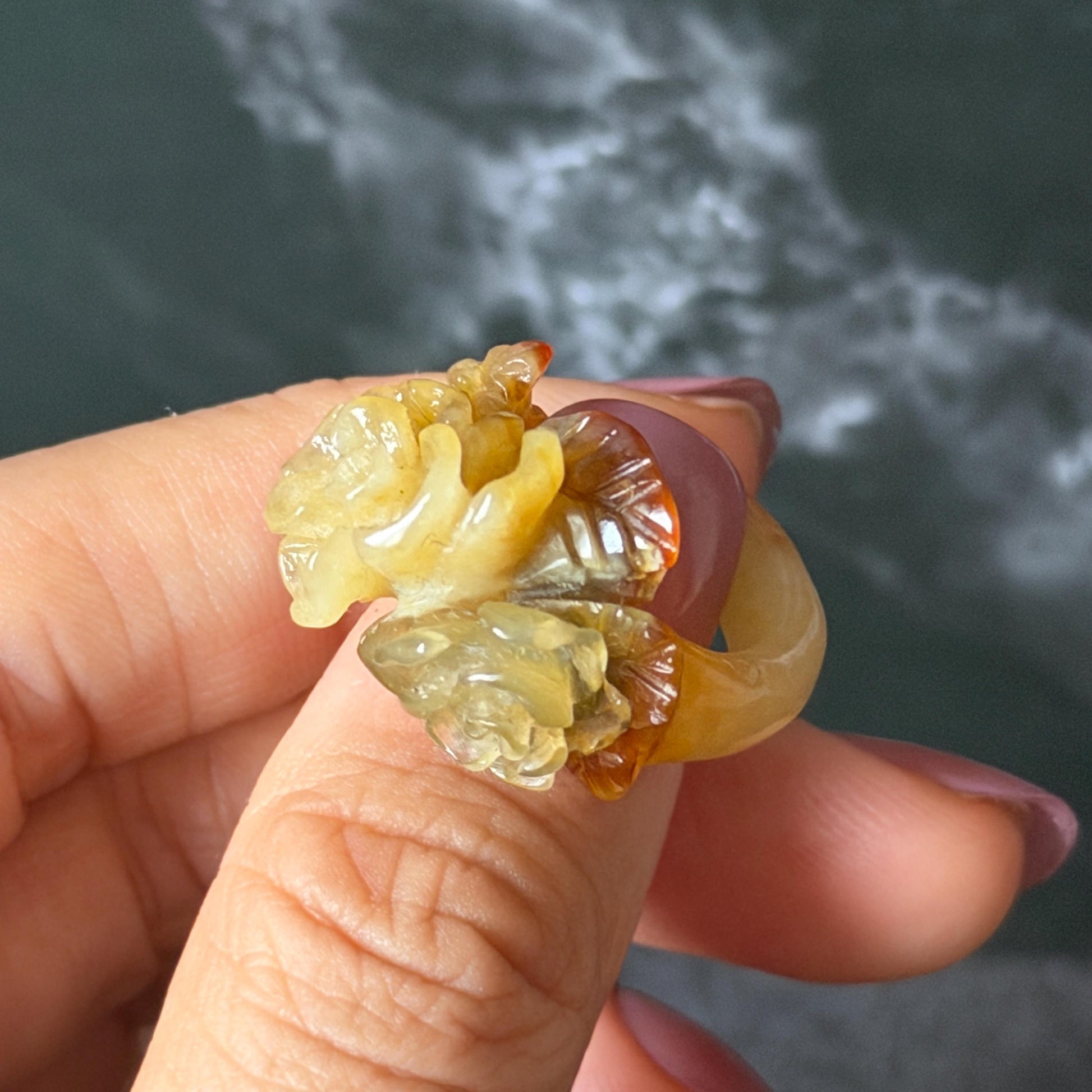 Xiu Jade (Serpentine) Hand Carved Blooming Flowers Statement Ring 15.3mm (US 4.25): Natural Bi-colour Brown Yellow Jade Pinky Ring for Women Ring Pendant Band Ring gift for her green jade carving yellow jade bi colour jade flower carving hand engraved statement ring hand carved flower natural untreated jade handcrafted jade ring hallow out style 3D carving Stone carving Gemstone Carving Flower Lover gift jade cocktail ring jade band ring