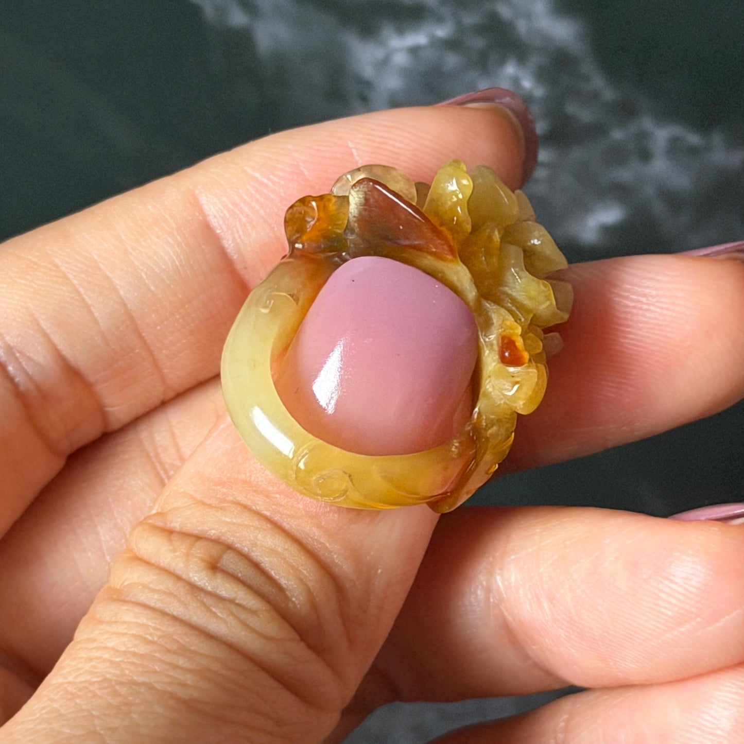 Xiu Jade (Serpentine) Hand Carved Blooming Flowers Statement Ring 15.3mm (US 4.25): Natural Bi-colour Brown Yellow Jade Pinky Ring for Women Ring Pendant Band Ring gift for her green jade carving yellow jade bi colour jade flower carving hand engraved statement ring hand carved flower natural untreated jade handcrafted jade ring hallow out style 3D carving Stone carving Gemstone Carving Flower Lover gift jade cocktail ring jade band ring