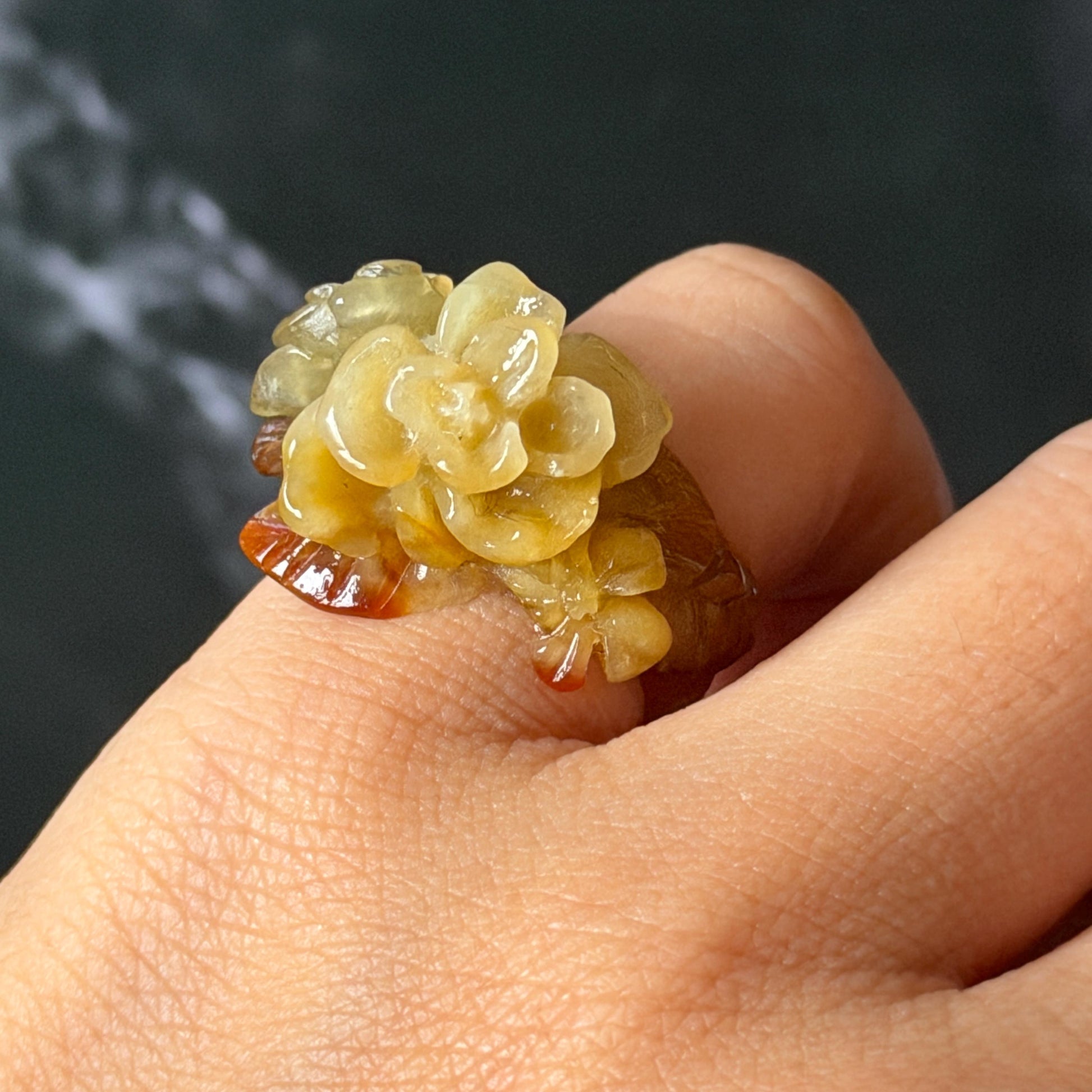 Xiu Jade (Serpentine) Hand Carved Blooming Flowers Statement Ring 15.3mm (US 4.25): Natural Bi-colour Brown Yellow Jade Pinky Ring for Women Ring Pendant Band Ring gift for her green jade carving yellow jade bi colour jade flower carving hand engraved statement ring hand carved flower natural untreated jade handcrafted jade ring hallow out style 3D carving Stone carving Gemstone Carving Flower Lover gift jade cocktail ring jade band ring