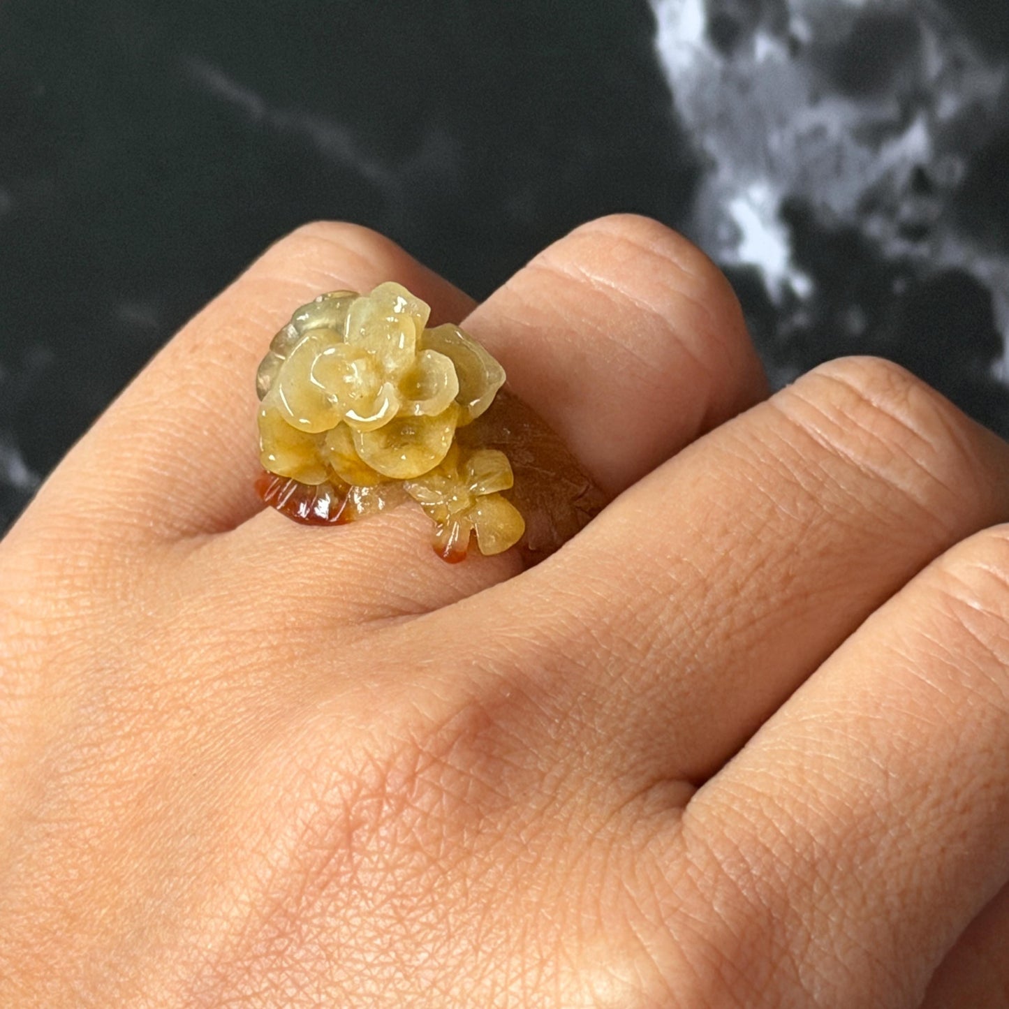 Xiu Jade (Serpentine) Hand Carved Blooming Flowers Statement Ring 15.3mm (US 4.25): Natural Bi-colour Brown Yellow Jade Pinky Ring for Women Ring Pendant Band Ring gift for her green jade carving yellow jade bi colour jade flower carving hand engraved statement ring hand carved flower natural untreated jade handcrafted jade ring hallow out style 3D carving Stone carving Gemstone Carving Flower Lover gift jade cocktail ring jade band ring