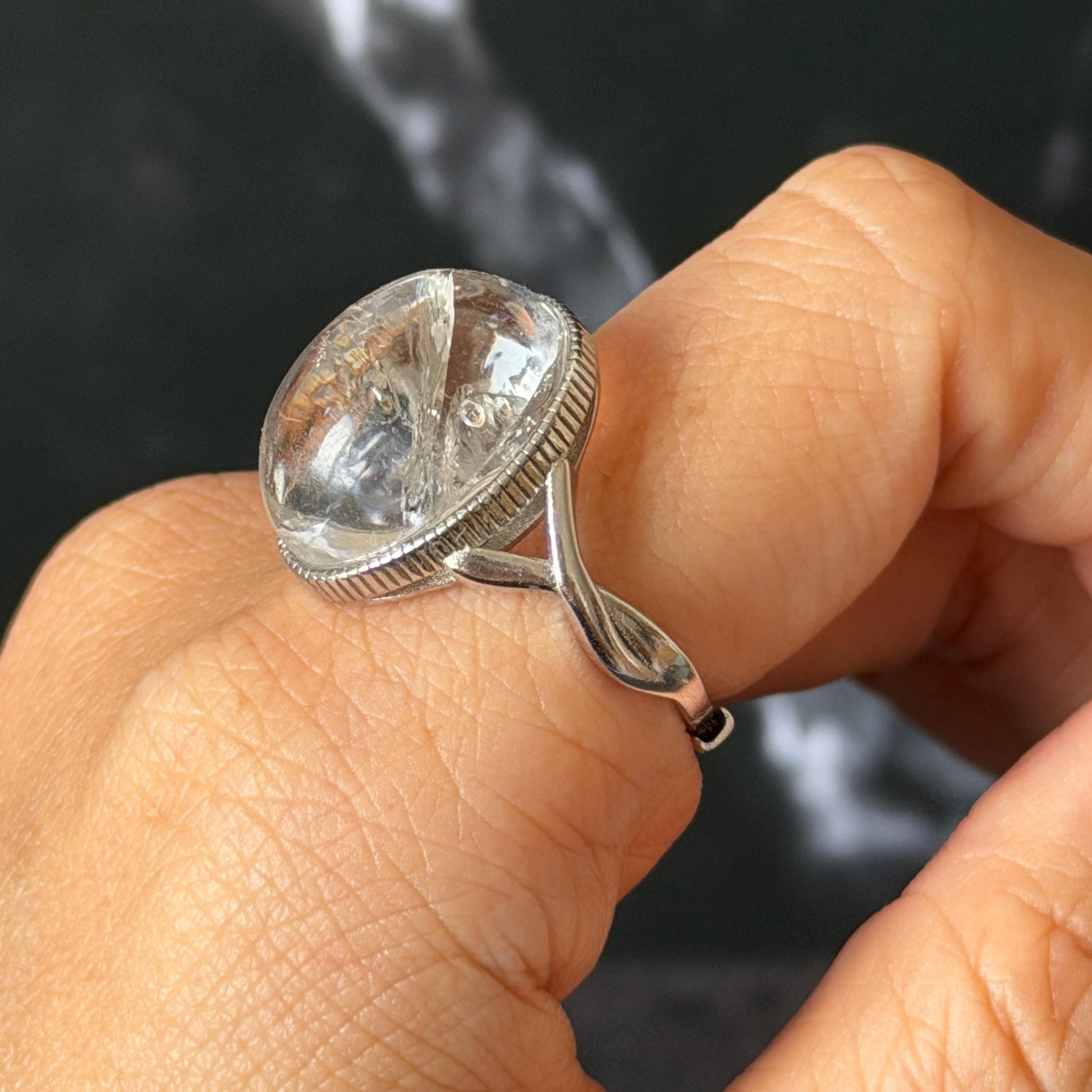 Polished Enhydro Quartz (Herkimer Diamond) S925 Silver Adjustable Ring: Rainbow! Moving Sand and Bubble Inclusion Crystal Statement Ring for Women ring crystal band ring crystal cocktail ring crystal stackable ring 7 chakra crystal ring meditation crystal healing stone birthstone silver ring ring for men rainbow quartz inclusion quartz inclusion crystal minerals specimen silver ring free size ring adjustable ring holder