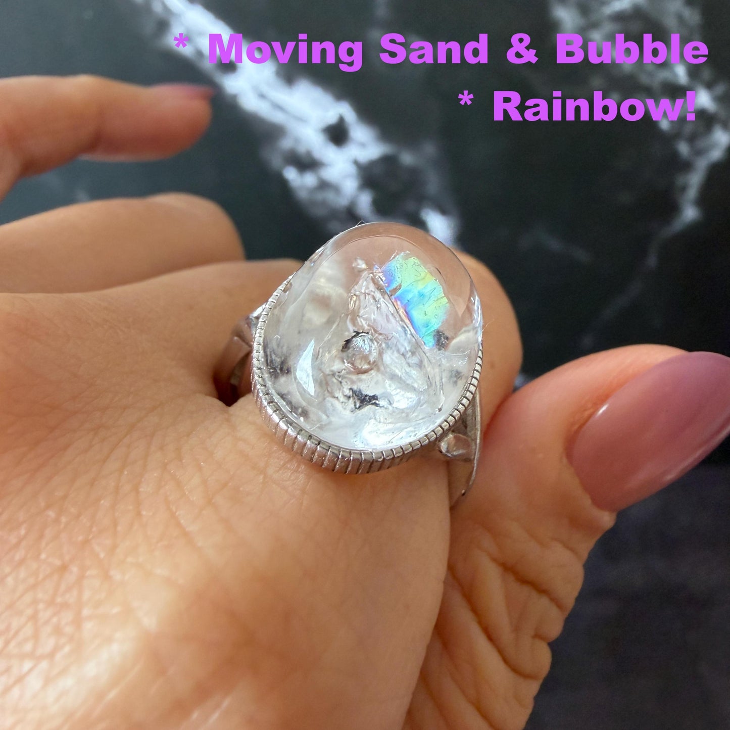 Polished Enhydro Quartz (Herkimer Diamond) S925 Silver Adjustable Ring: Rainbow! Moving Sand and Bubble Inclusion Crystal Statement Ring for Women ring crystal band ring crystal cocktail ring crystal stackable ring 7 chakra crystal ring meditation crystal healing stone birthstone silver ring ring for men rainbow quartz inclusion quartz inclusion crystal minerals specimen silver ring free size ring adjustable ring holder