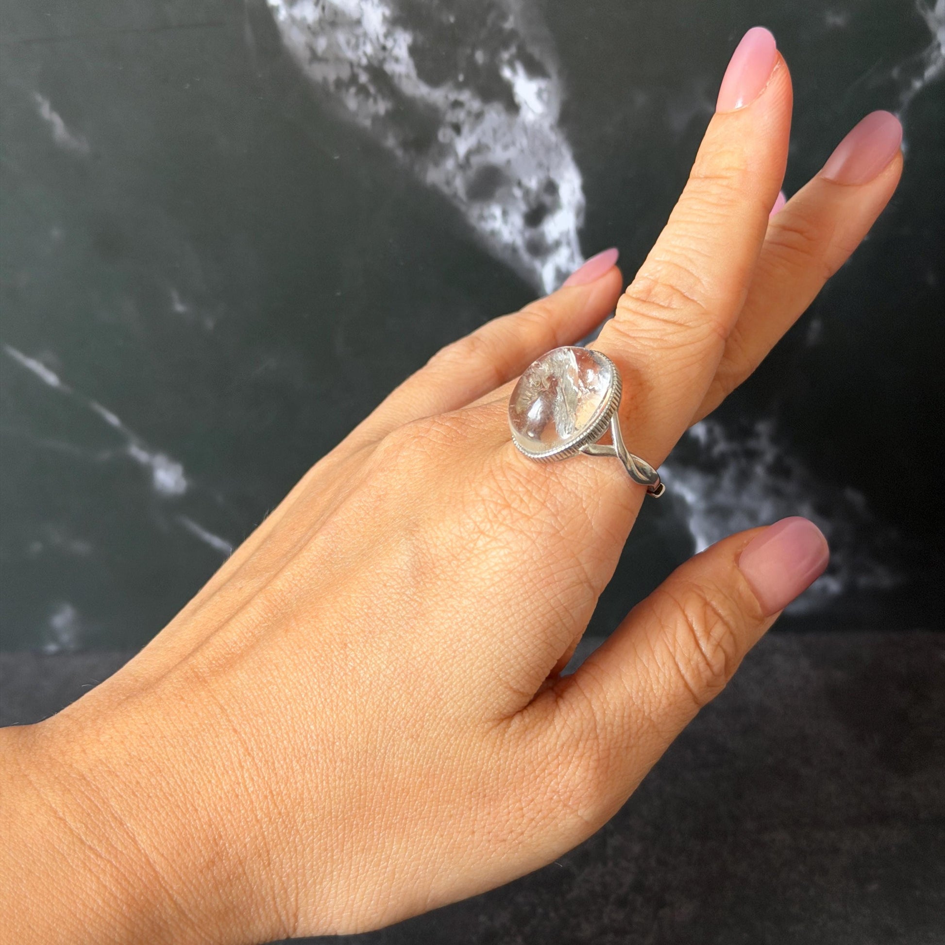 Polished Enhydro Quartz (Herkimer Diamond) S925 Silver Adjustable Ring: Rainbow! Moving Sand and Bubble Inclusion Crystal Statement Ring for Women ring crystal band ring crystal cocktail ring crystal stackable ring 7 chakra crystal ring meditation crystal healing stone birthstone silver ring ring for men rainbow quartz inclusion quartz inclusion crystal minerals specimen silver ring free size ring adjustable ring holder