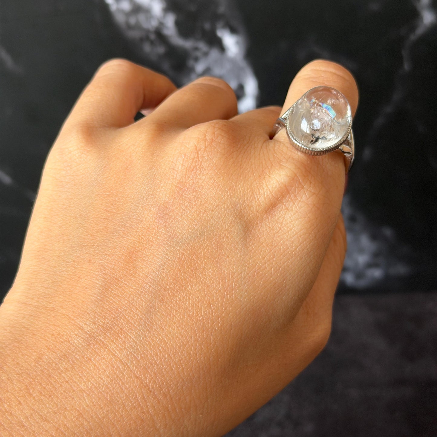 Polished Enhydro Quartz (Herkimer Diamond) S925 Silver Adjustable Ring: Rainbow! Moving Sand and Bubble Inclusion Crystal Statement Ring for Women ring crystal band ring crystal cocktail ring crystal stackable ring 7 chakra crystal ring meditation crystal healing stone birthstone silver ring ring for men rainbow quartz inclusion quartz inclusion crystal minerals specimen silver ring free size ring adjustable ring holder